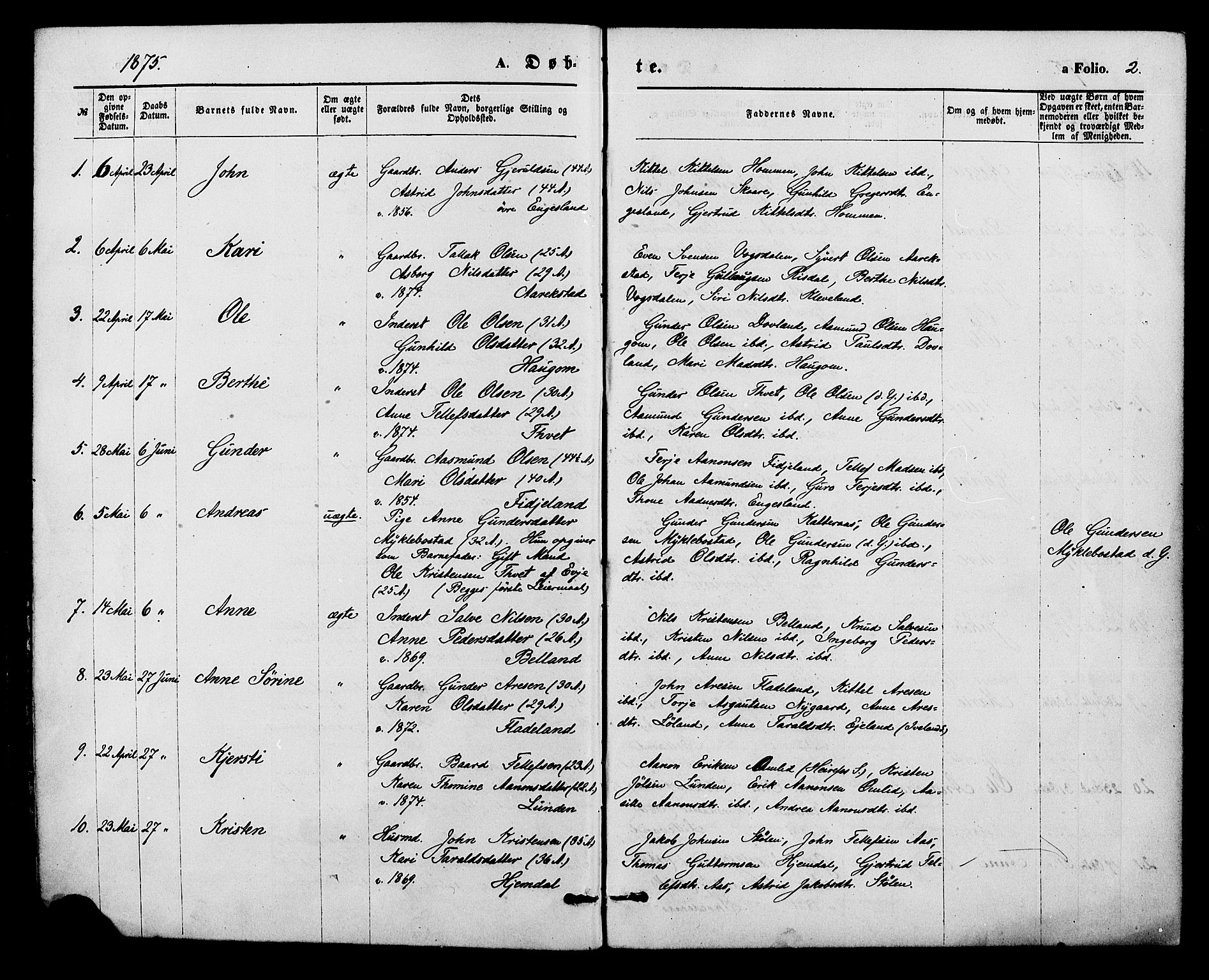 Herefoss sokneprestkontor, SAK/1111-0019/F/Fa/Fab/L0003: Parish register (official) no. A 3, 1875-1886, p. 2