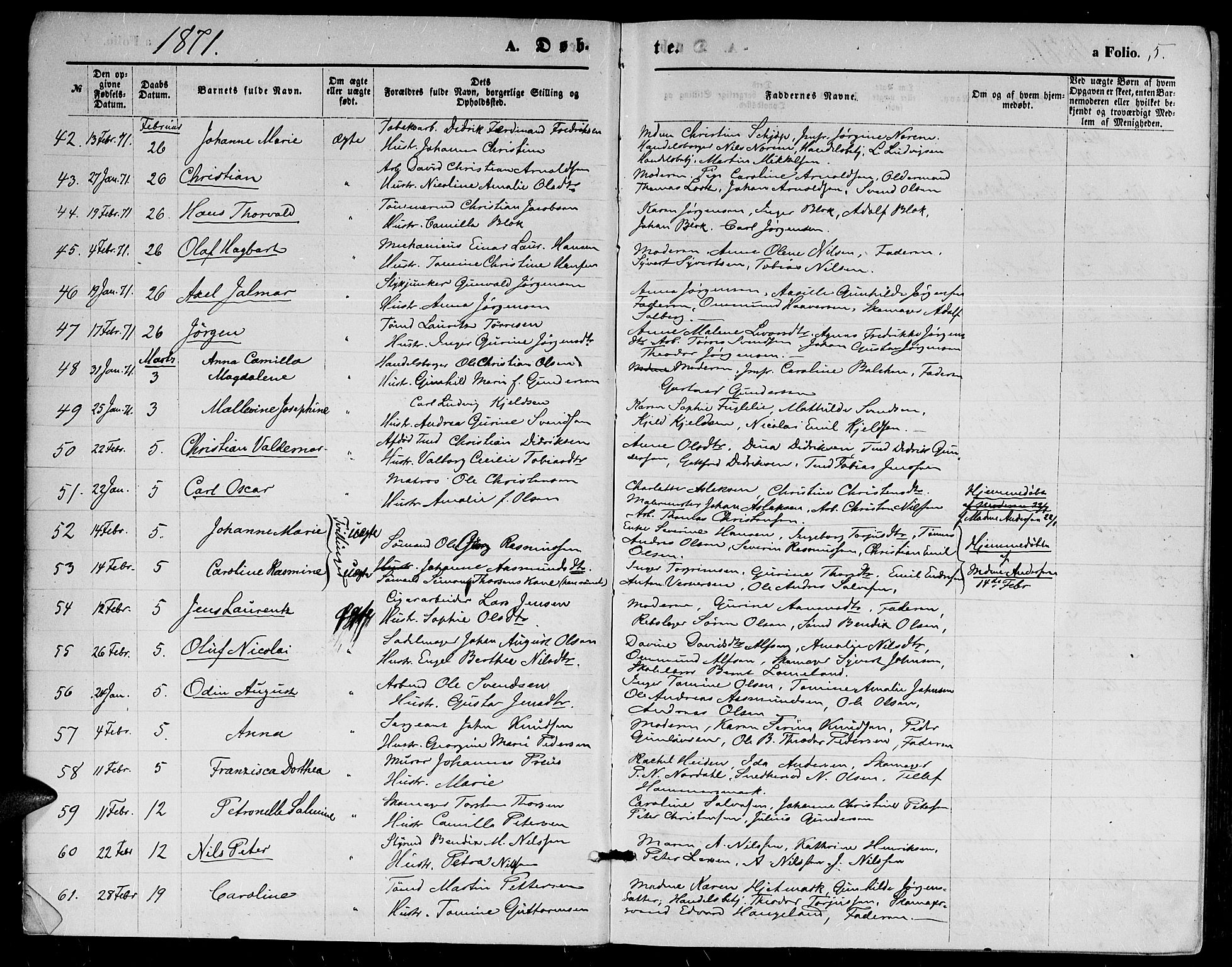 Kristiansand domprosti, AV/SAK-1112-0006/F/Fb/L0013: Parish register (copy) no. B 13, 1871-1880, p. 5
