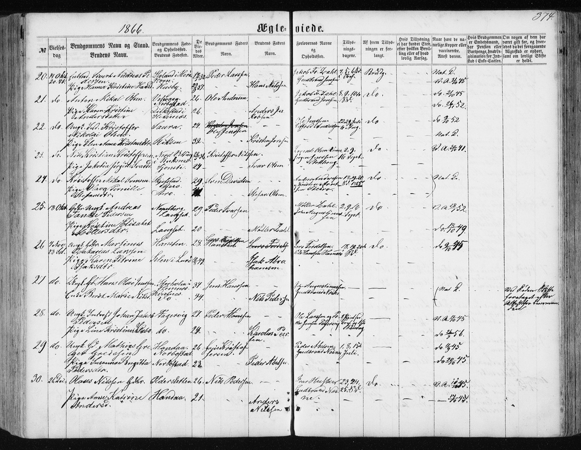 Ministerialprotokoller, klokkerbøker og fødselsregistre - Nordland, AV/SAT-A-1459/838/L0556: Parish register (copy) no. 838C03, 1861-1893, p. 374