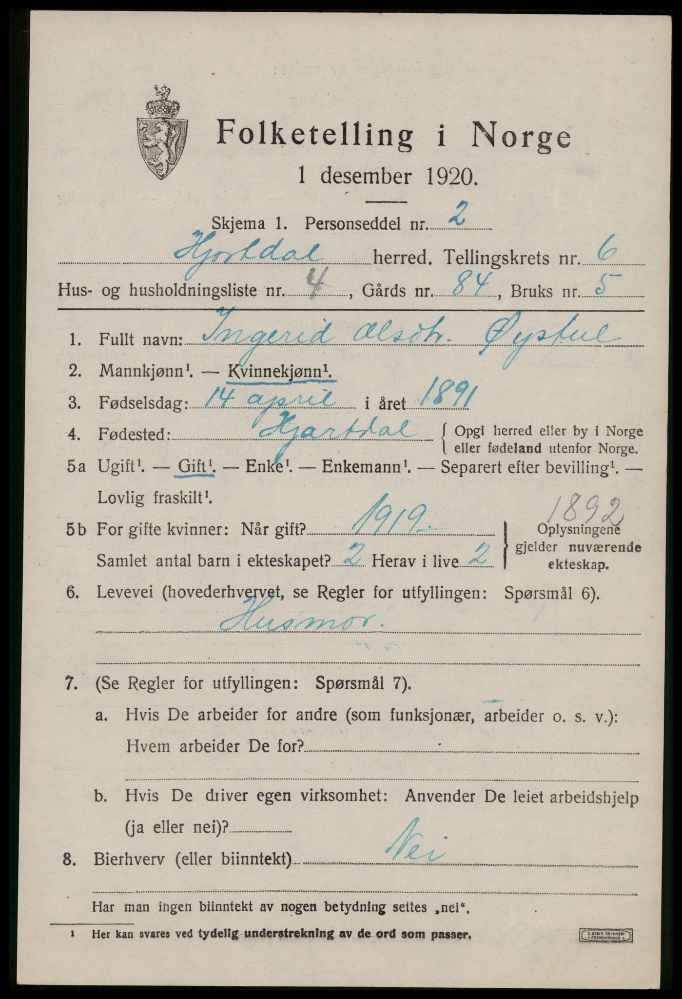 SAKO, 1920 census for Hjartdal, 1920, p. 4050