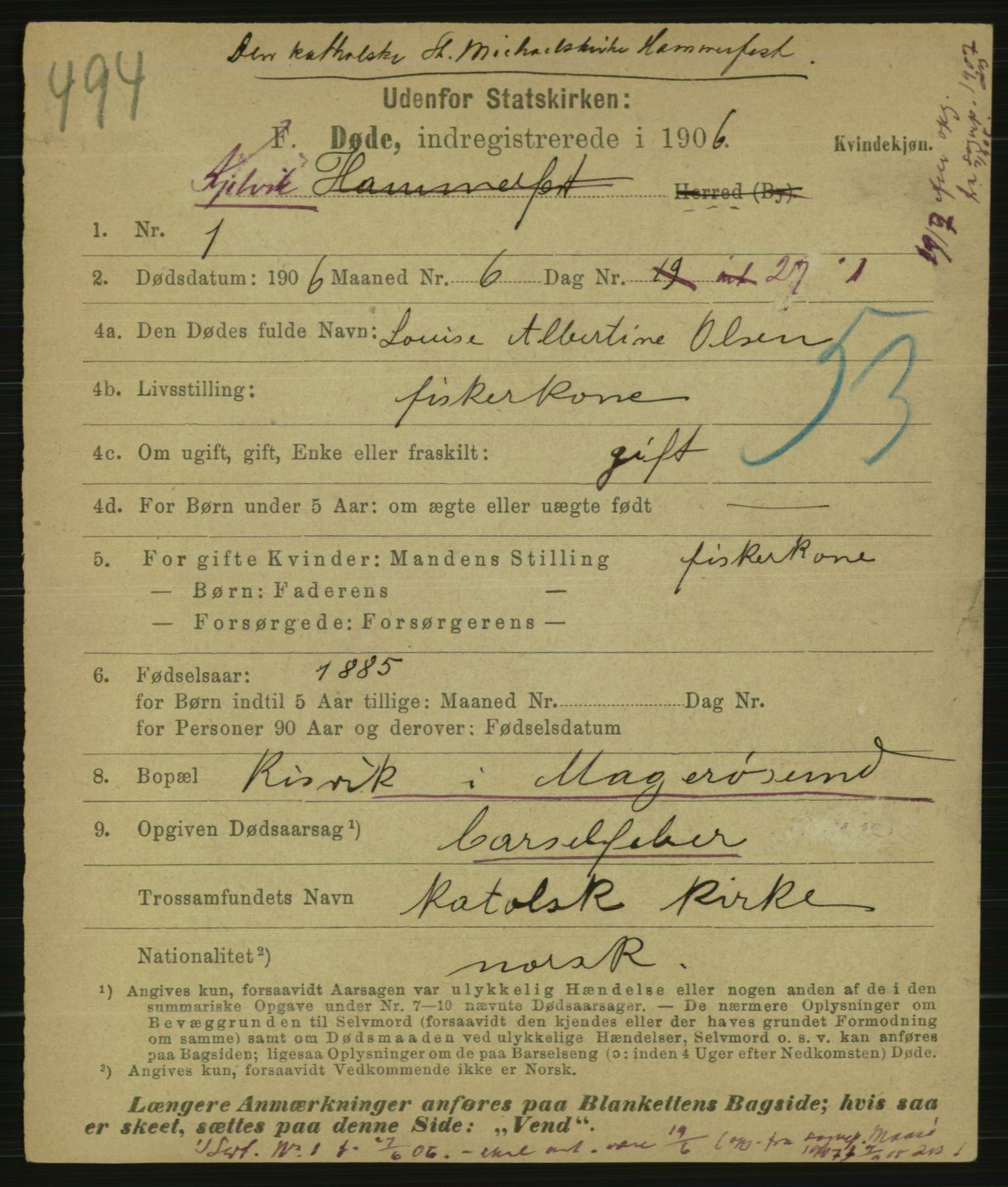 Statistisk sentralbyrå, Sosiodemografiske emner, Befolkning, AV/RA-S-2228/E/L0004: Fødte, gifte, døde dissentere., 1906, p. 2967