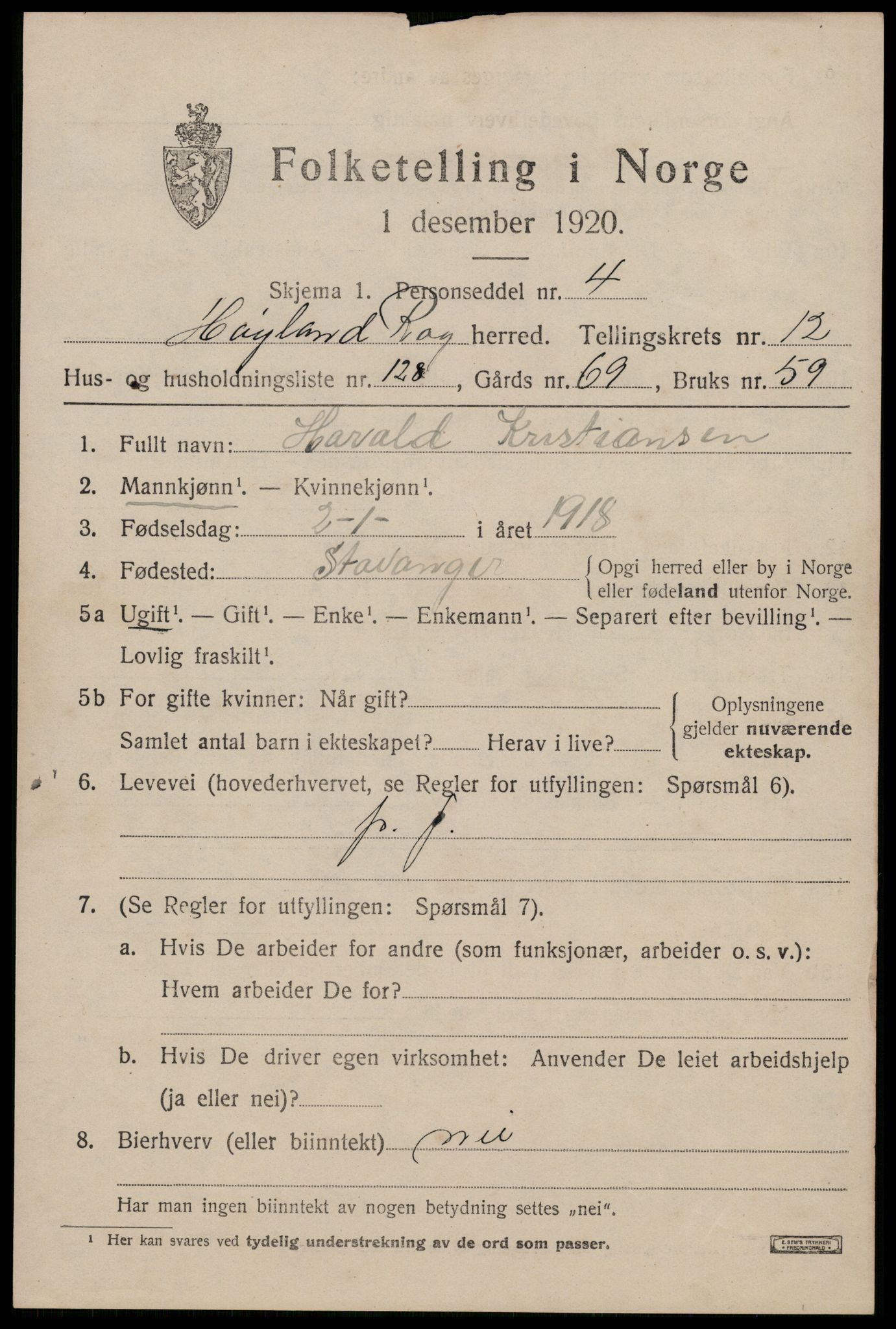 SAST, 1920 census for Høyland, 1920, p. 10832
