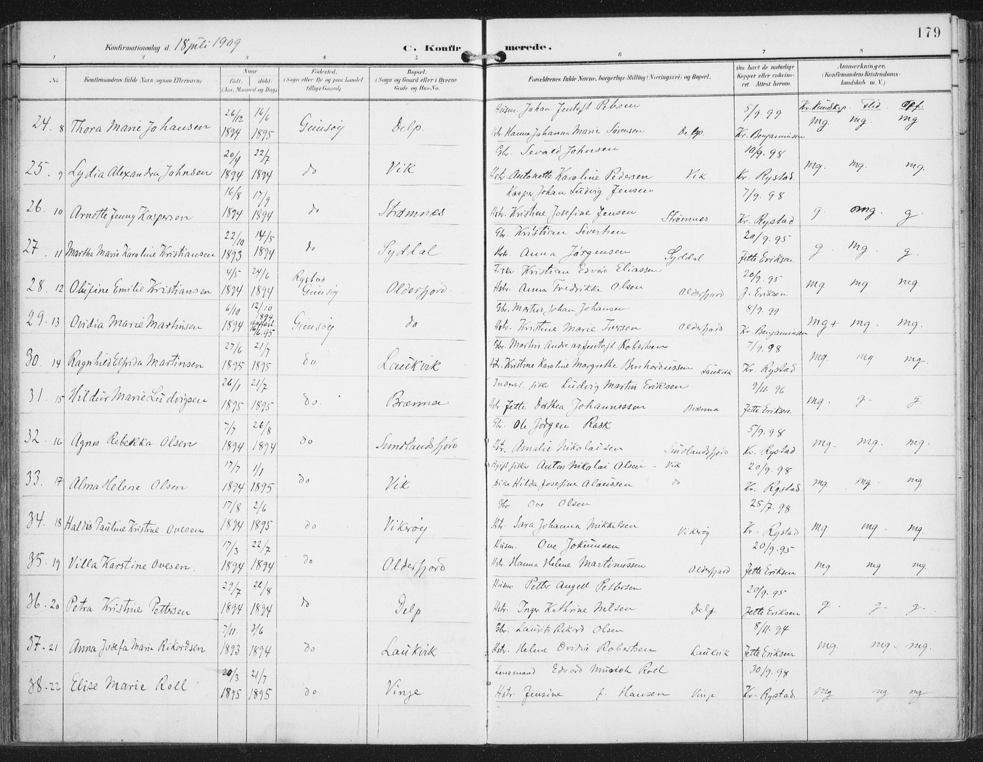 Ministerialprotokoller, klokkerbøker og fødselsregistre - Nordland, SAT/A-1459/876/L1098: Parish register (official) no. 876A04, 1896-1915, p. 179