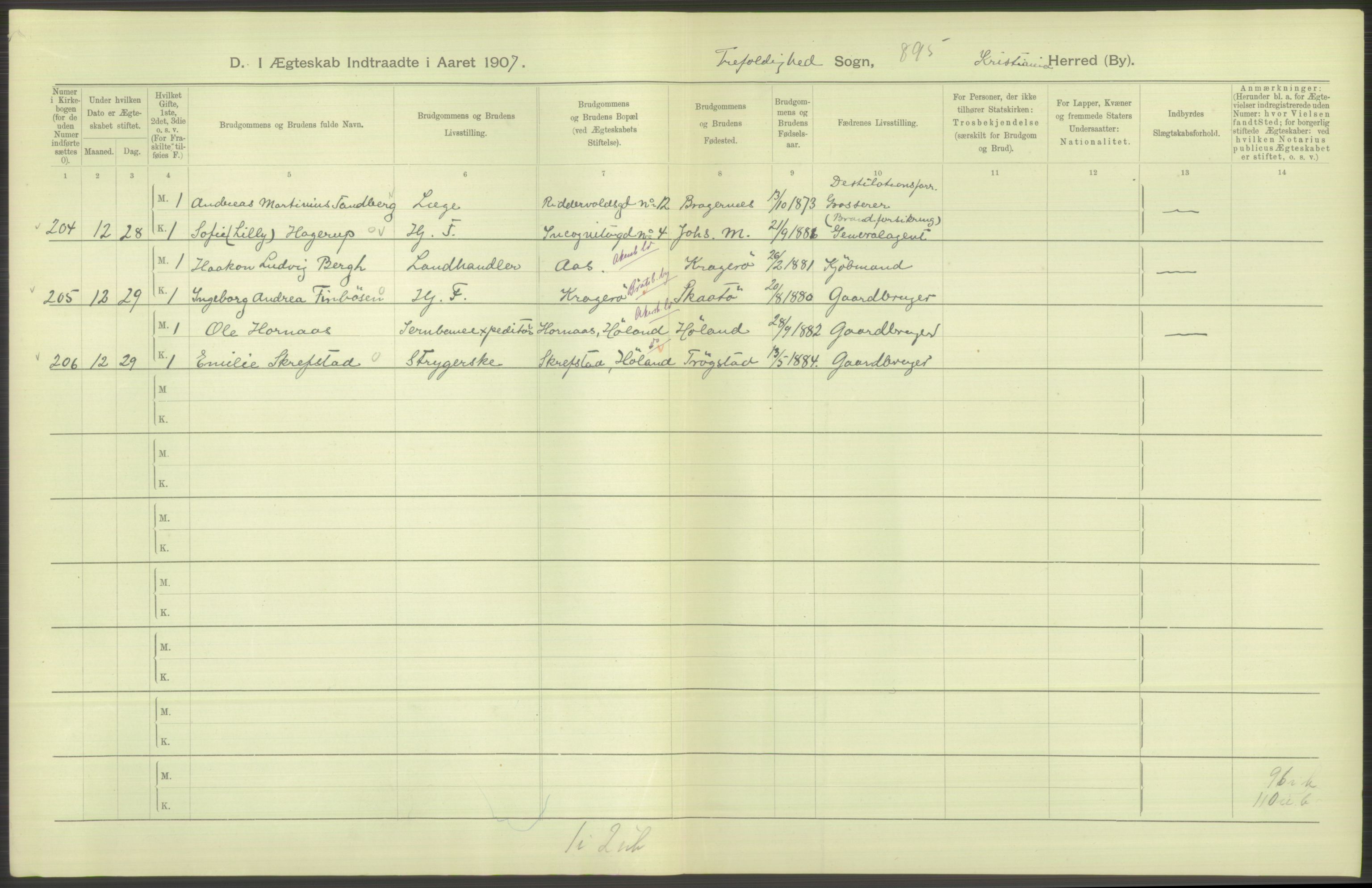 Statistisk sentralbyrå, Sosiodemografiske emner, Befolkning, AV/RA-S-2228/D/Df/Dfa/Dfae/L0008: Kristiania: Gifte, 1907, p. 274