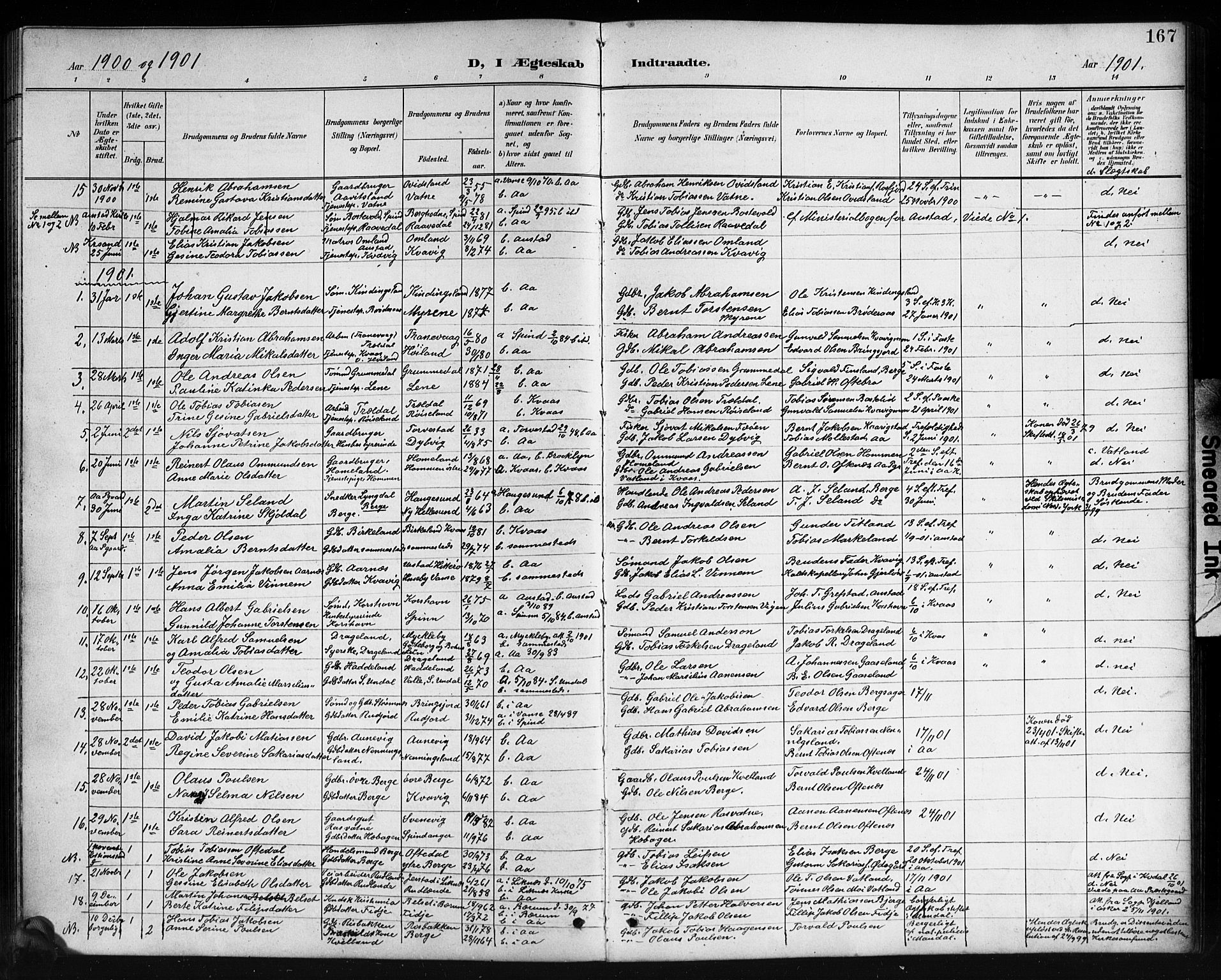 Lyngdal sokneprestkontor, SAK/1111-0029/F/Fb/Fbc/L0005: Parish register (copy) no. B 5, 1897-1913, p. 167