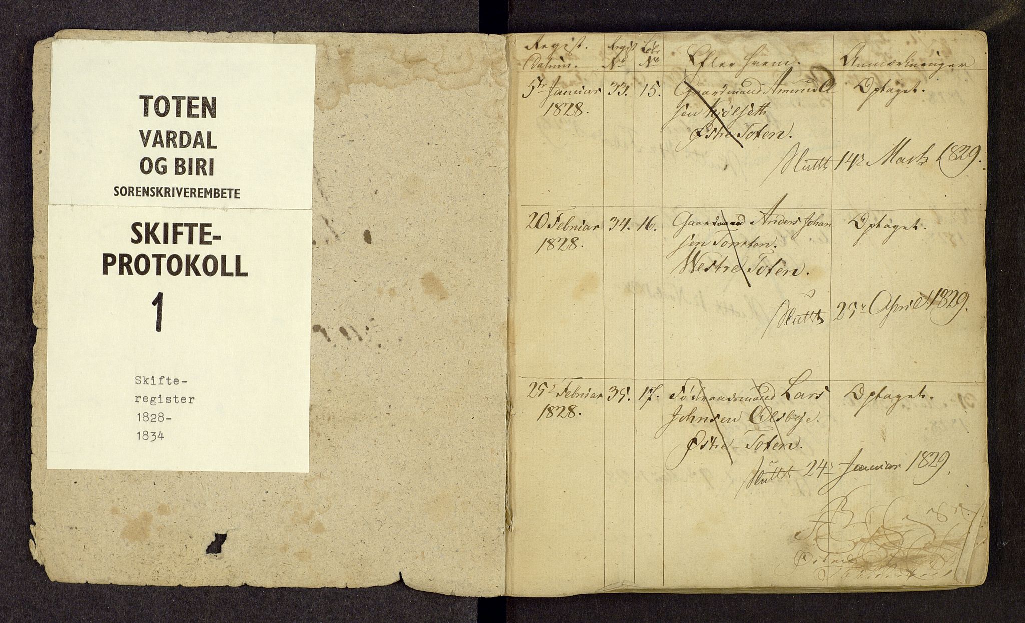 Toten tingrett, AV/SAH-TING-006/J/Jk/Jka/L0001: Skifteregister, 1828-1834