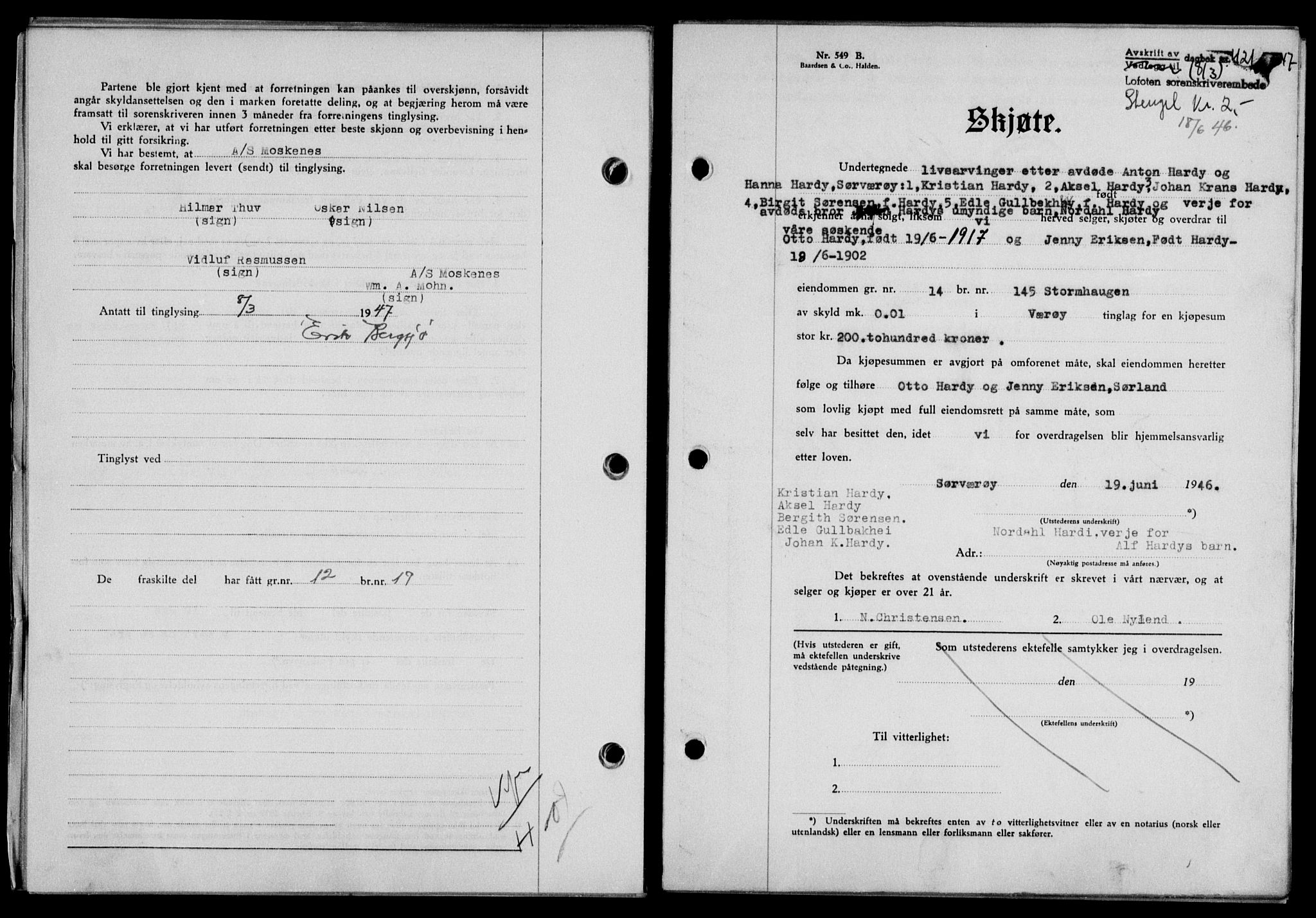 Lofoten sorenskriveri, SAT/A-0017/1/2/2C/L0015a: Mortgage book no. 15a, 1946-1947, Diary no: : 421/1947