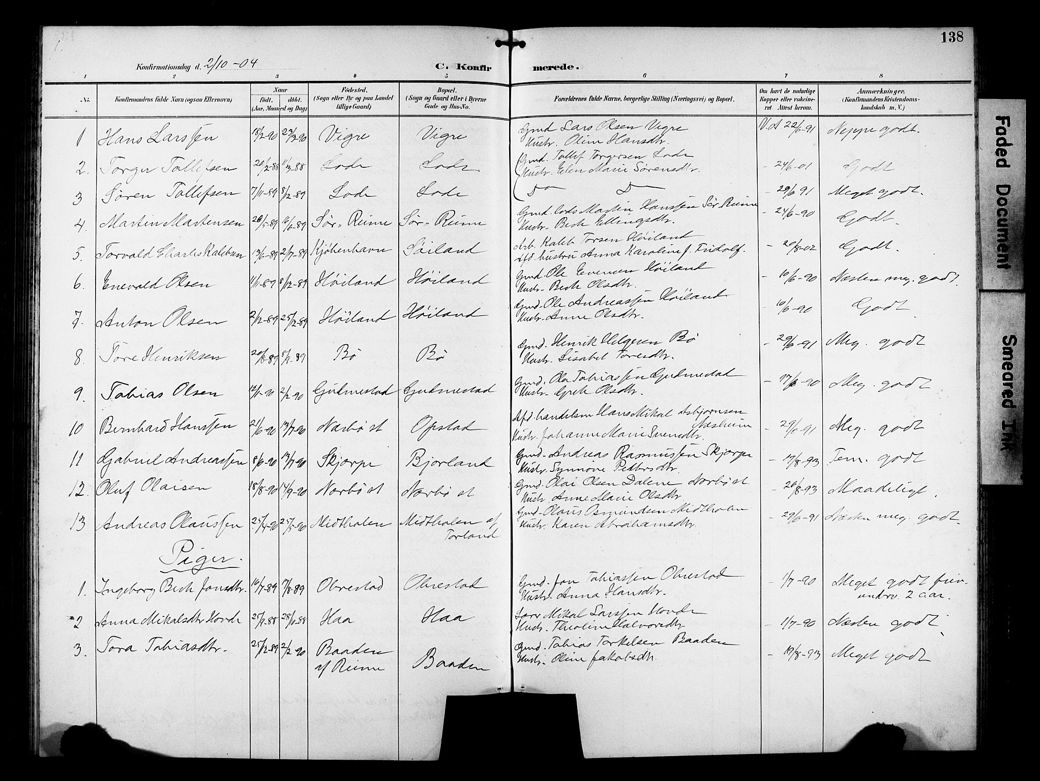 Hå sokneprestkontor, AV/SAST-A-101801/001/30BB/L0005: Parish register (copy) no. B 5, 1894-1912, p. 138