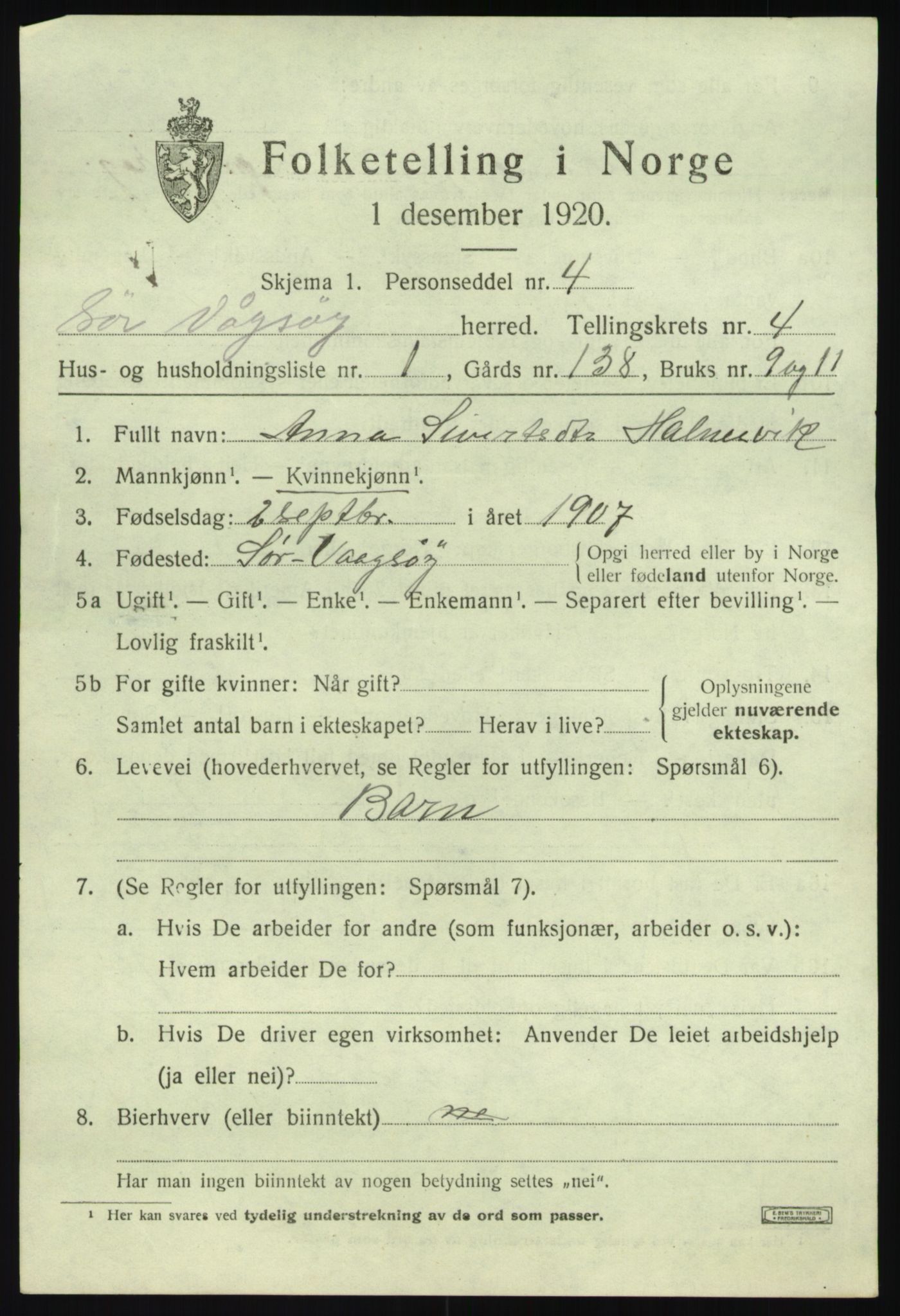 SAB, 1920 census for Sør-Vågsøy, 1920, p. 1826