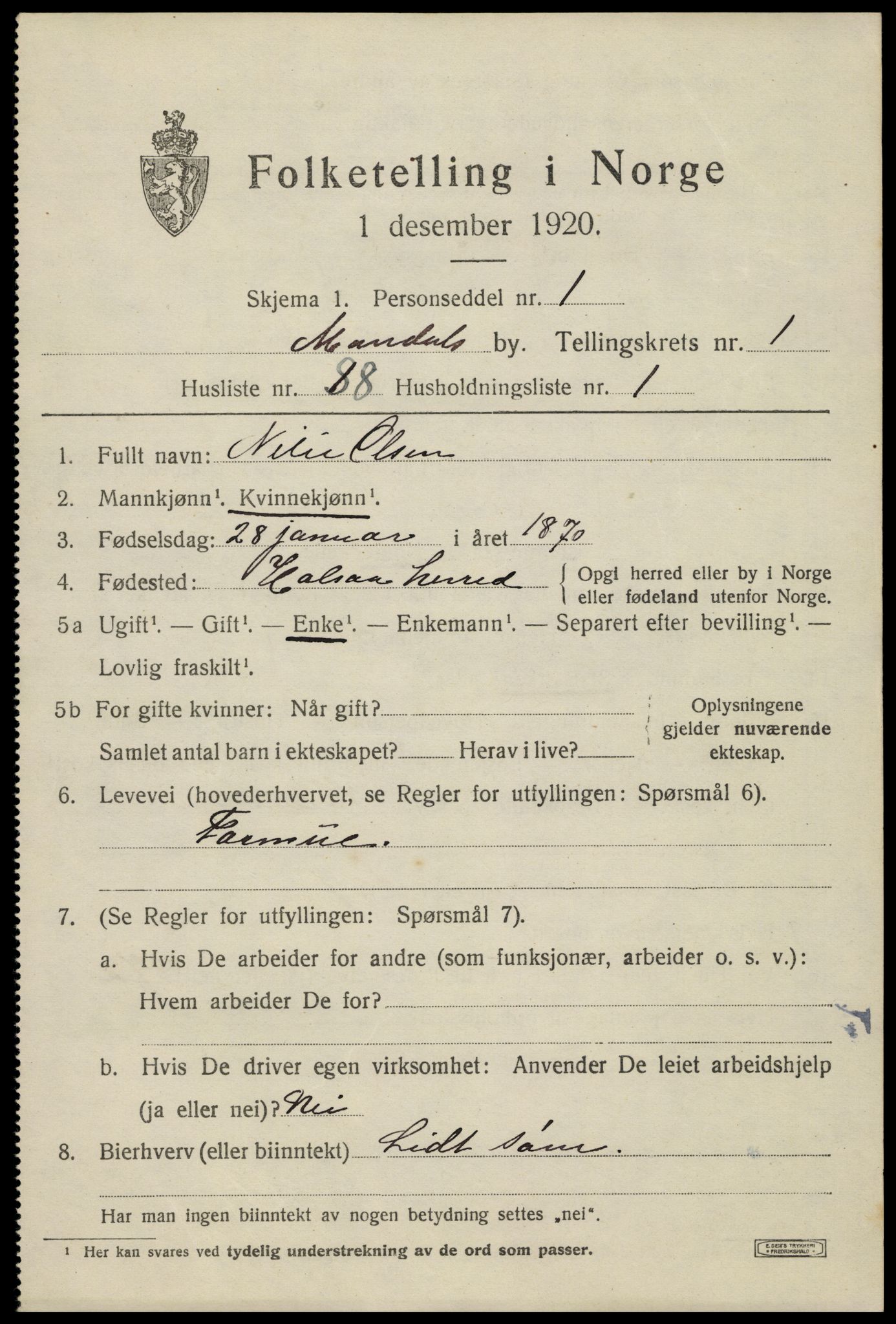 SAK, 1920 census for Mandal, 1920, p. 4157