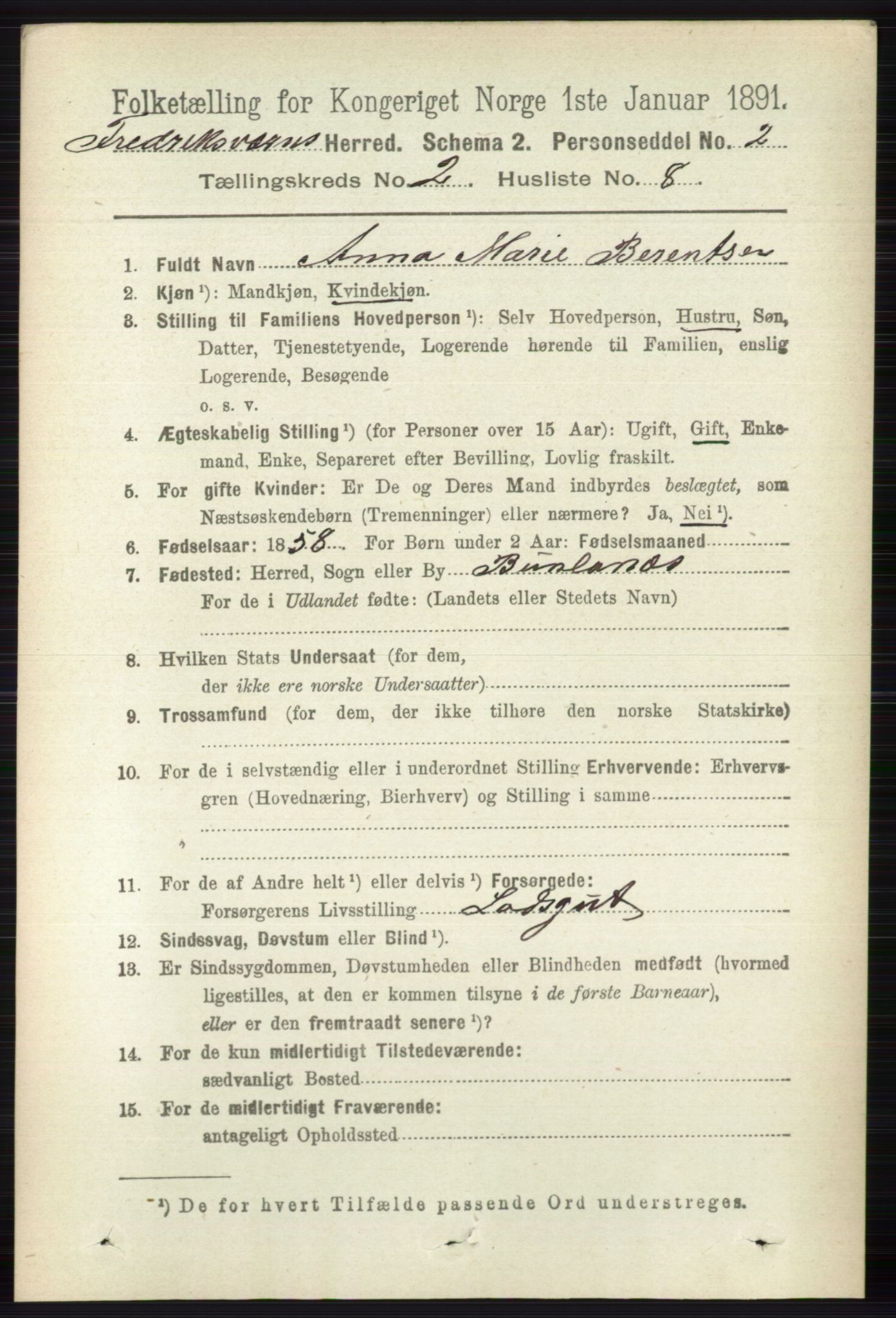 RA, 1891 census for 0798 Fredriksvern, 1891, p. 289