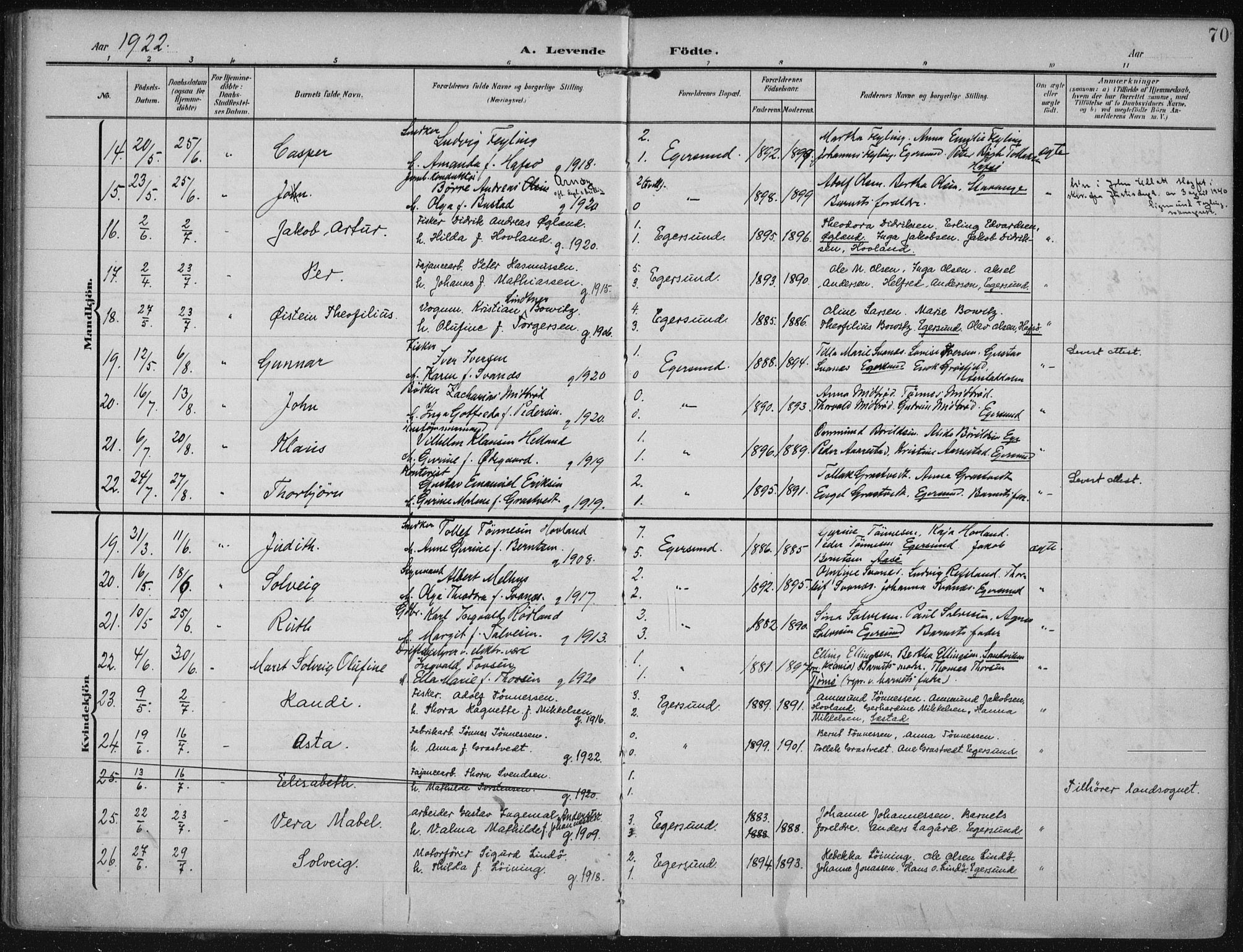 Eigersund sokneprestkontor, AV/SAST-A-101807/S08/L0022: Parish register (official) no. A 21, 1905-1928, p. 70