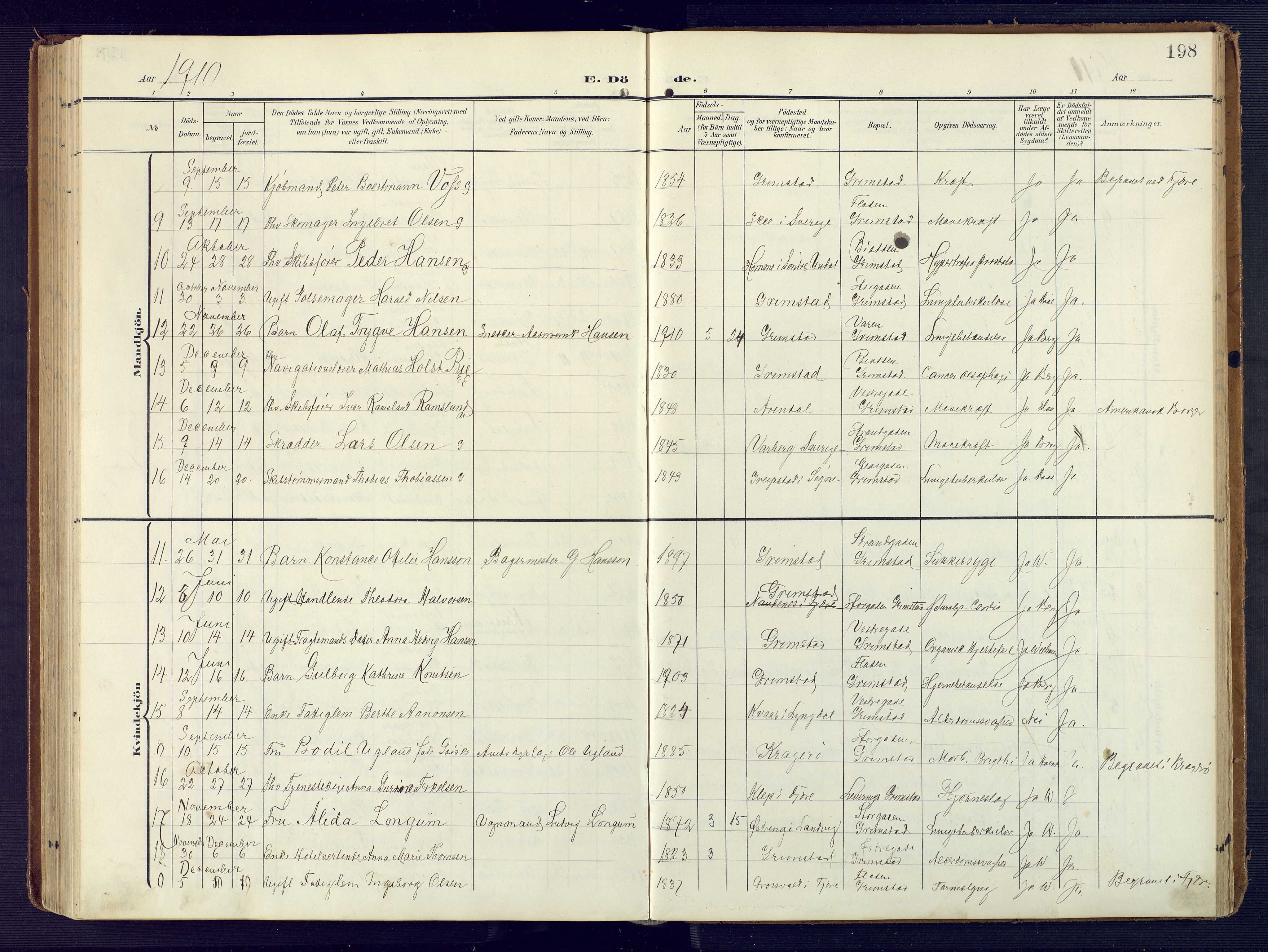 Grimstad sokneprestkontor, AV/SAK-1111-0017/F/Fa/L0005: Parish register (official) no. A 4, 1911-1924, p. 198