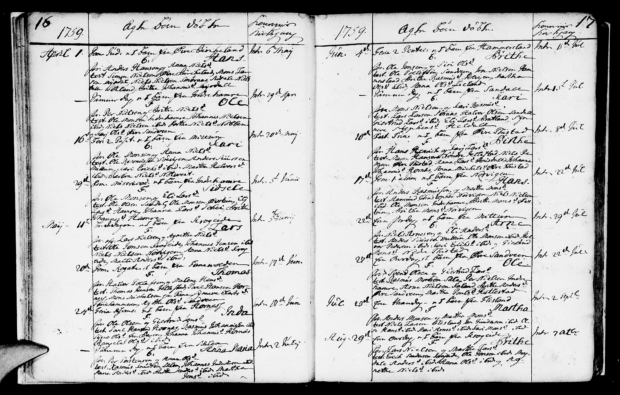 Fana Sokneprestembete, SAB/A-75101/H/Haa/Haaa/L0004: Parish register (official) no. A 4, 1757-1774, p. 16-17