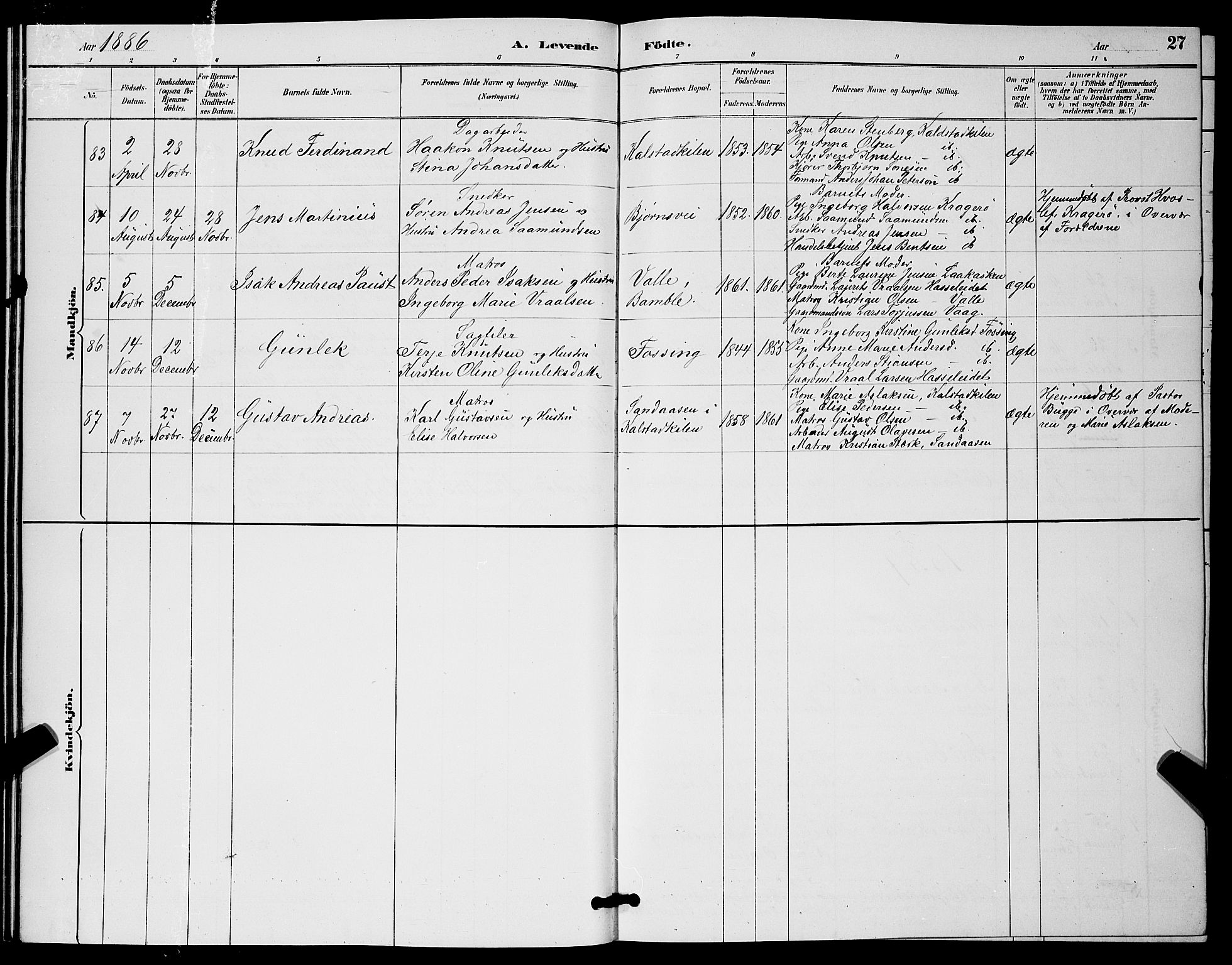 Skåtøy kirkebøker, AV/SAKO-A-304/G/Ga/L0003: Parish register (copy) no. I 3, 1884-1898, p. 27