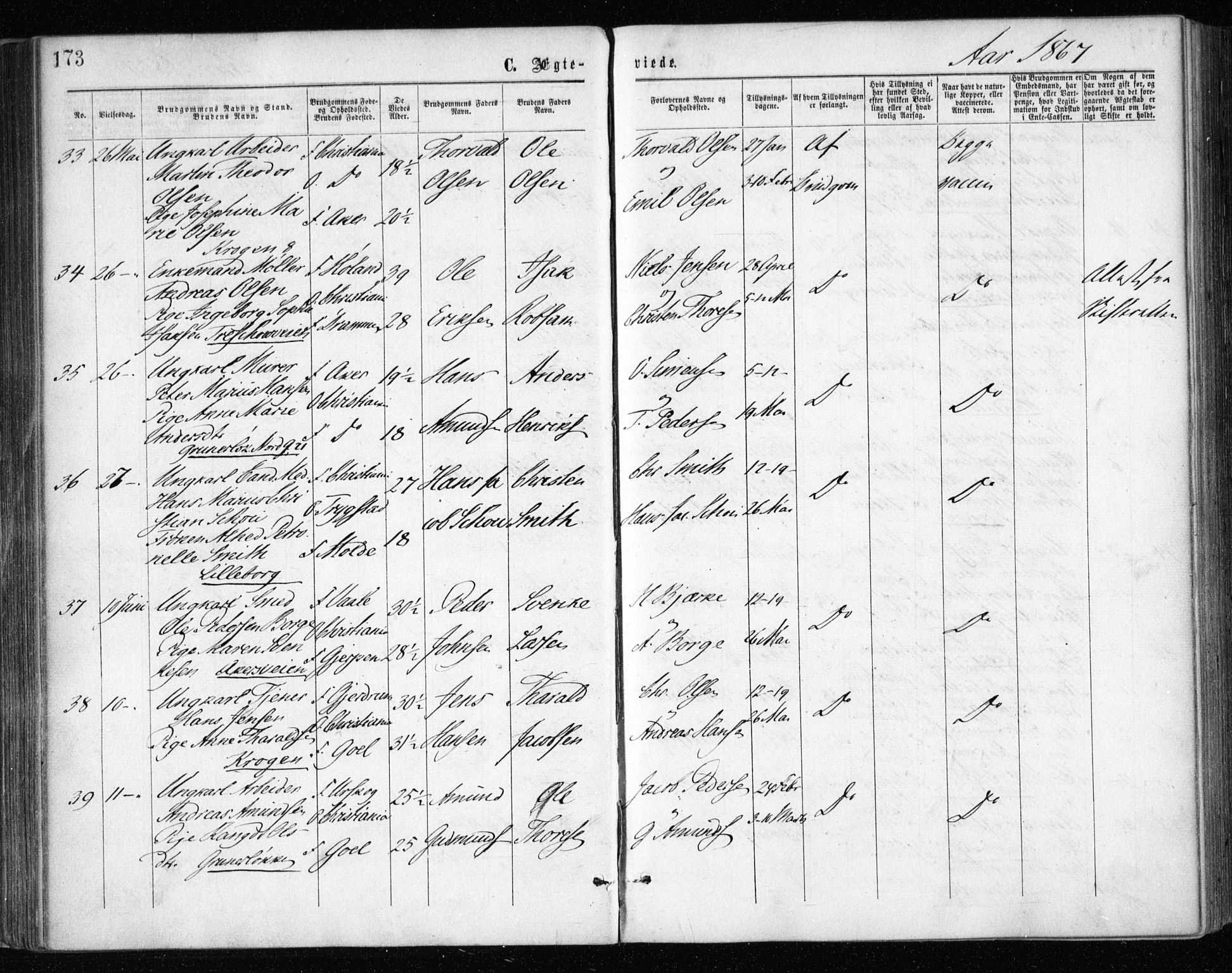 Gamle Aker prestekontor Kirkebøker, SAO/A-10617a/F/L0003: Parish register (official) no. 3, 1865-1873, p. 173