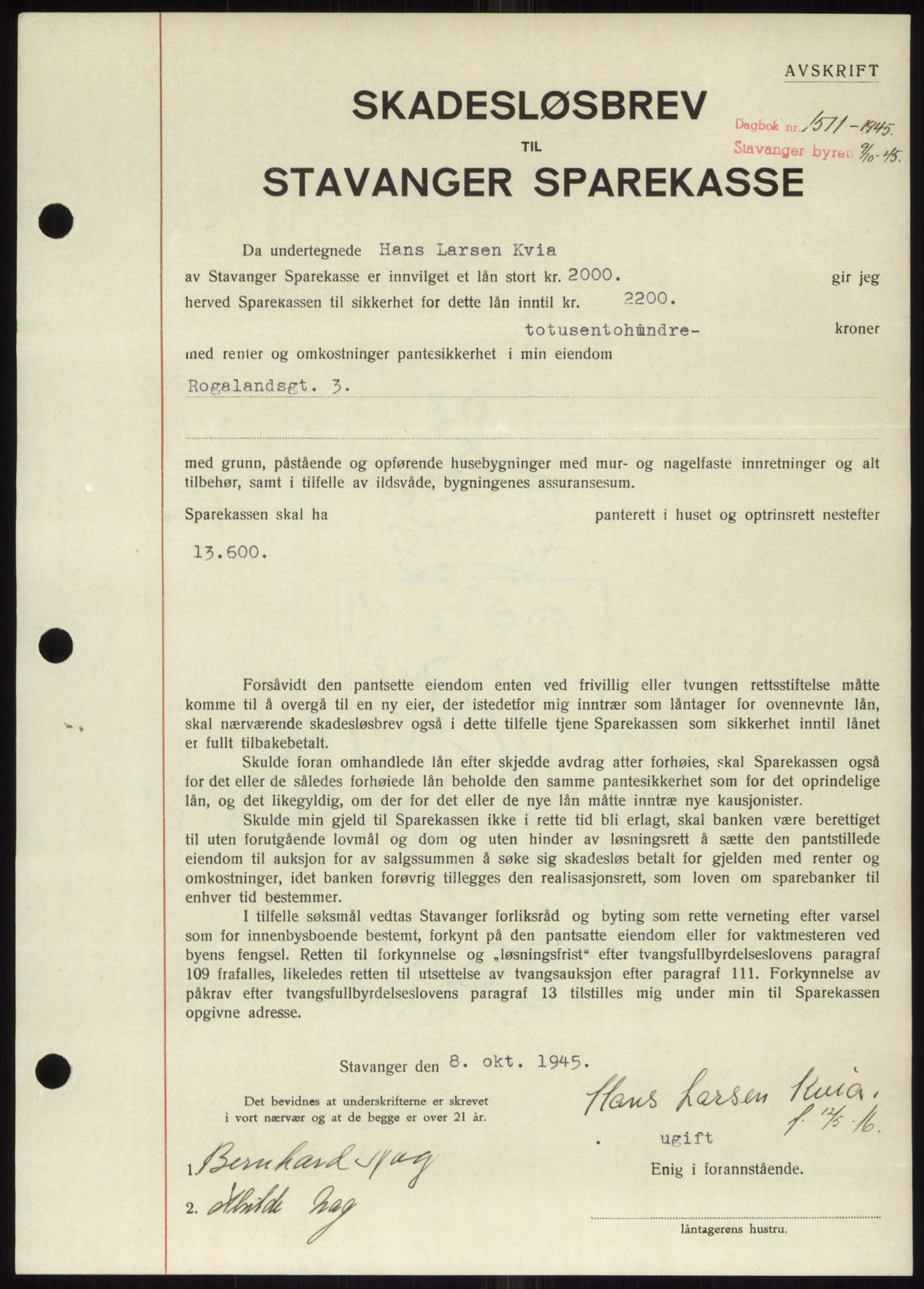 Stavanger byrett, SAST/A-100455/002/G/Gb/L0031: Mortgage book, 1943-1947, Diary no: : 1511/1945