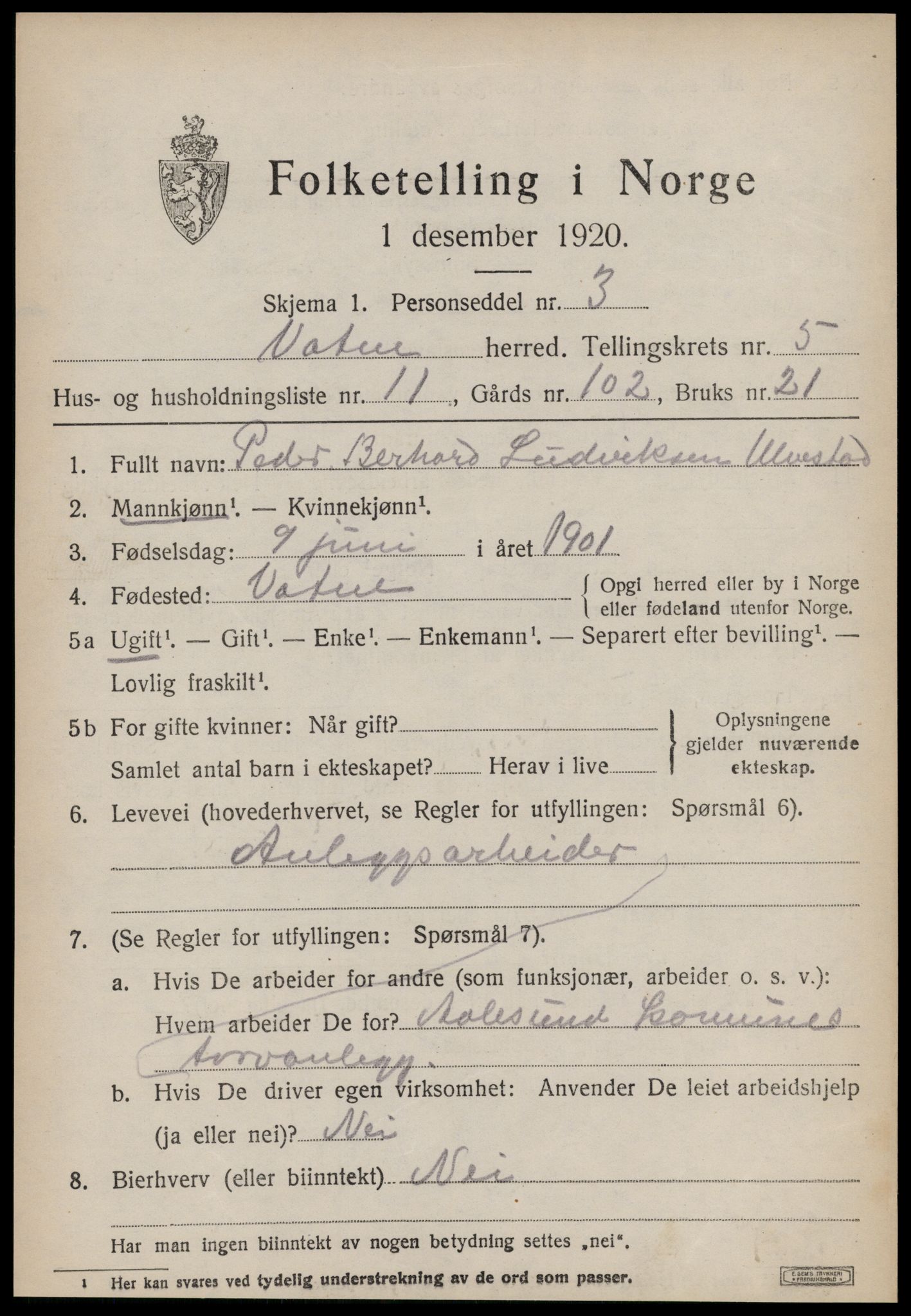 SAT, 1920 census for Vatne, 1920, p. 2286