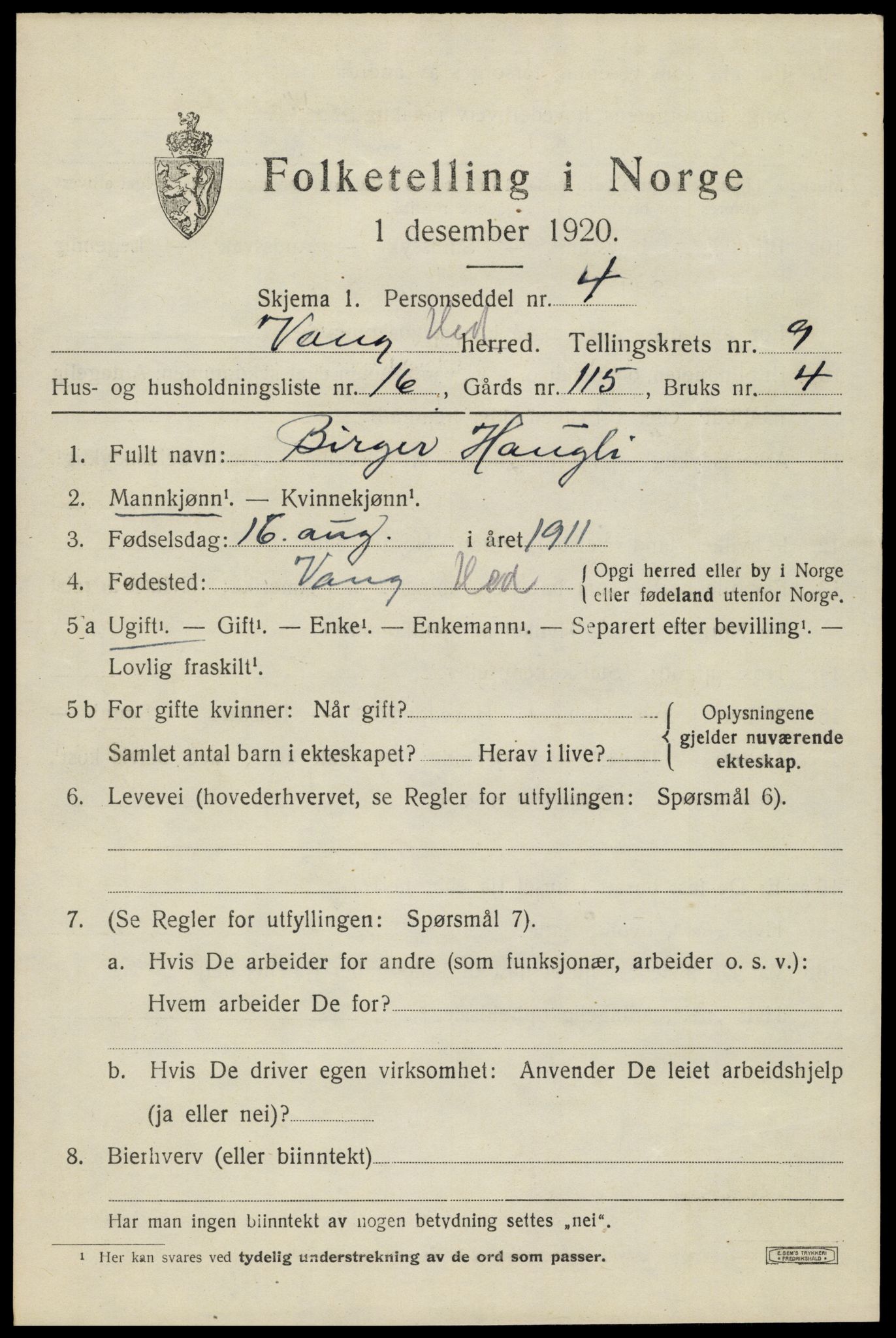 SAH, 1920 census for Vang (Hedmark), 1920, p. 18295