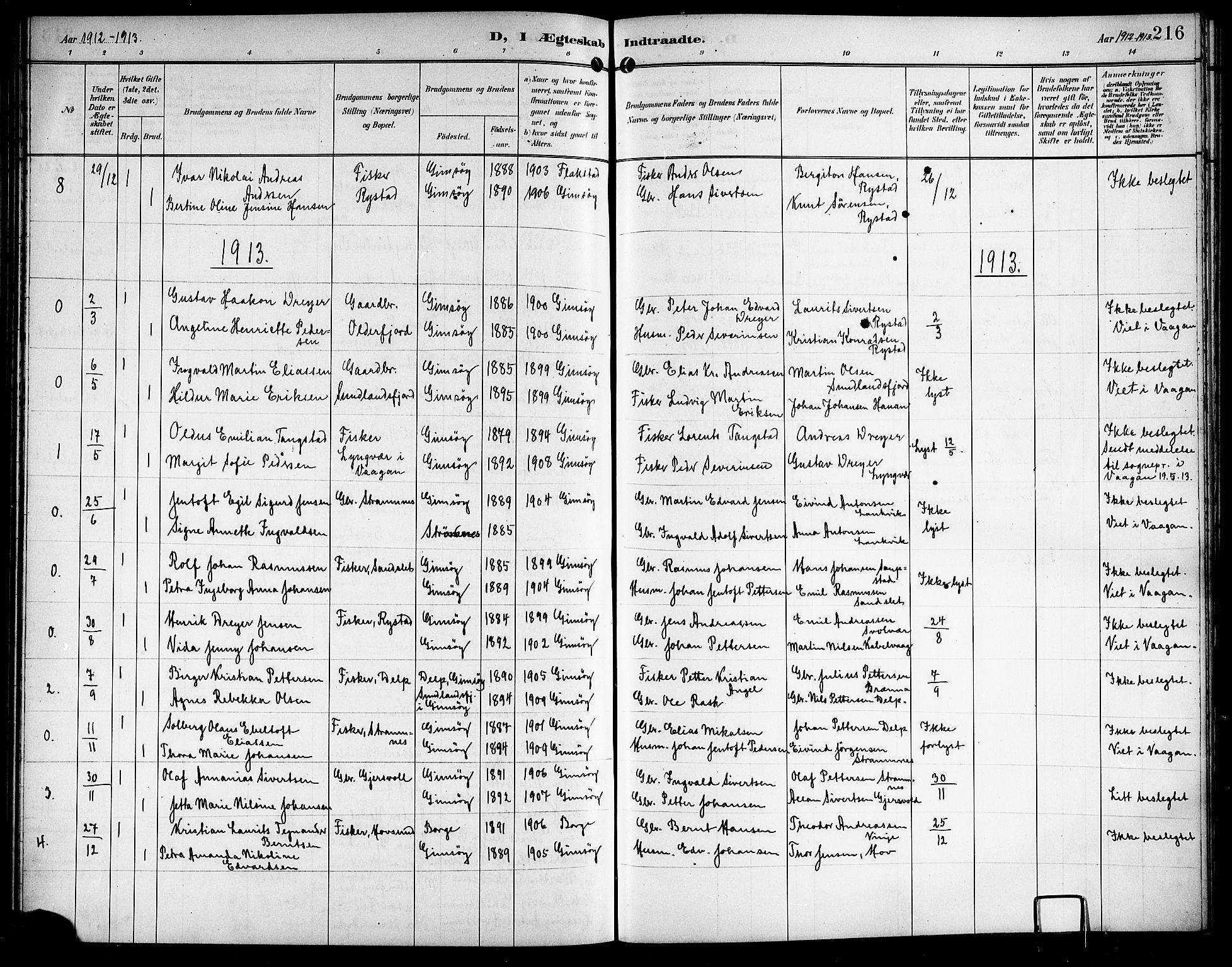 Ministerialprotokoller, klokkerbøker og fødselsregistre - Nordland, AV/SAT-A-1459/876/L1105: Parish register (copy) no. 876C04, 1896-1914, p. 216