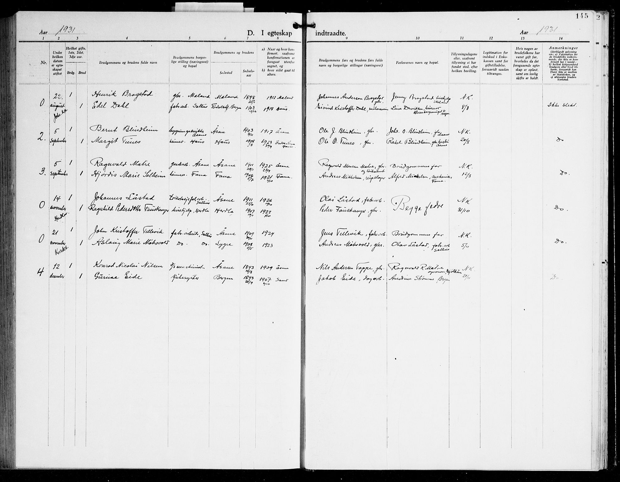 Åsane sokneprestembete, AV/SAB-A-79401/H/Hab: Parish register (copy) no. A 5, 1928-1943, p. 145