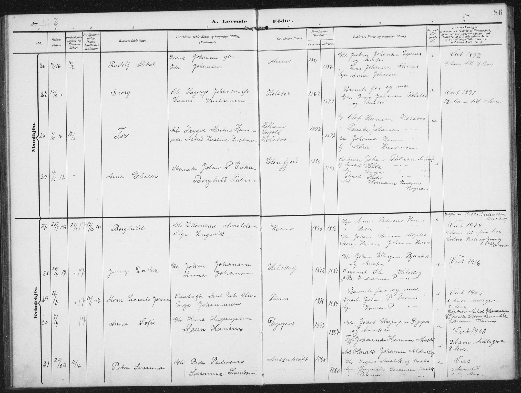 Ministerialprotokoller, klokkerbøker og fødselsregistre - Nordland, AV/SAT-A-1459/851/L0726: Parish register (copy) no. 851C01, 1902-1924, p. 86