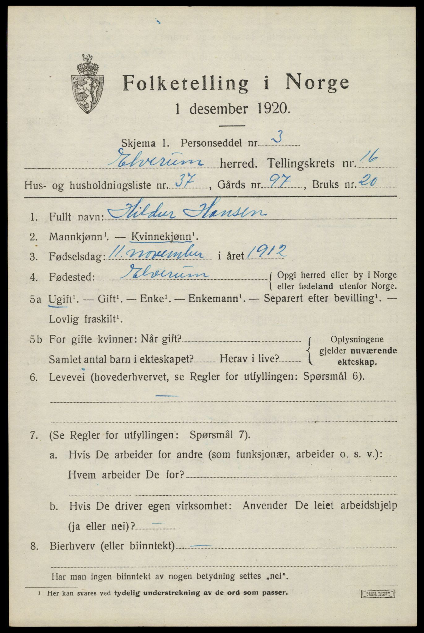 SAH, 1920 census for Elverum, 1920, p. 21204