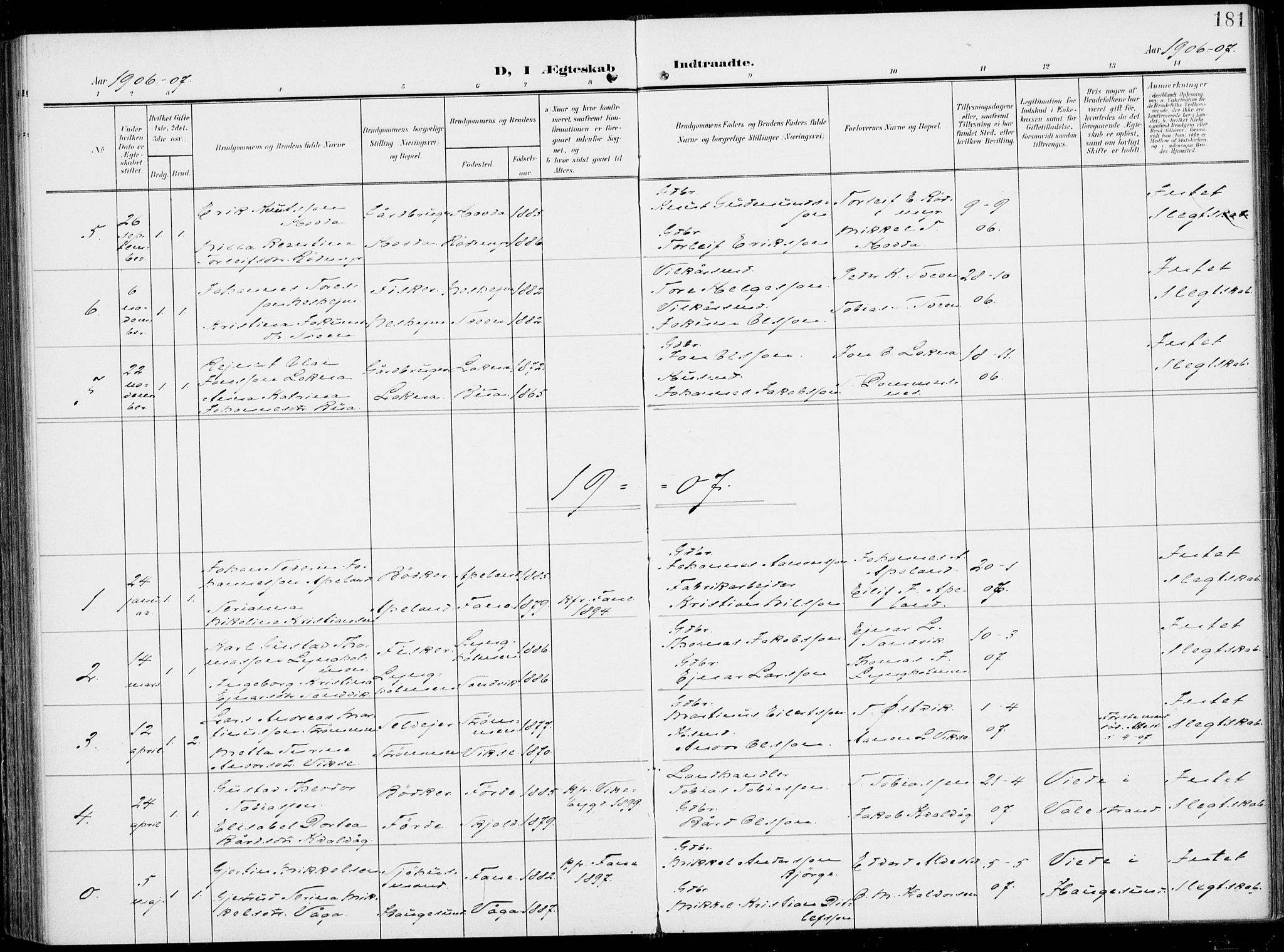 Sveio Sokneprestembete, SAB/A-78501/H/Haa: Parish register (official) no. B  4, 1906-1919, p. 181