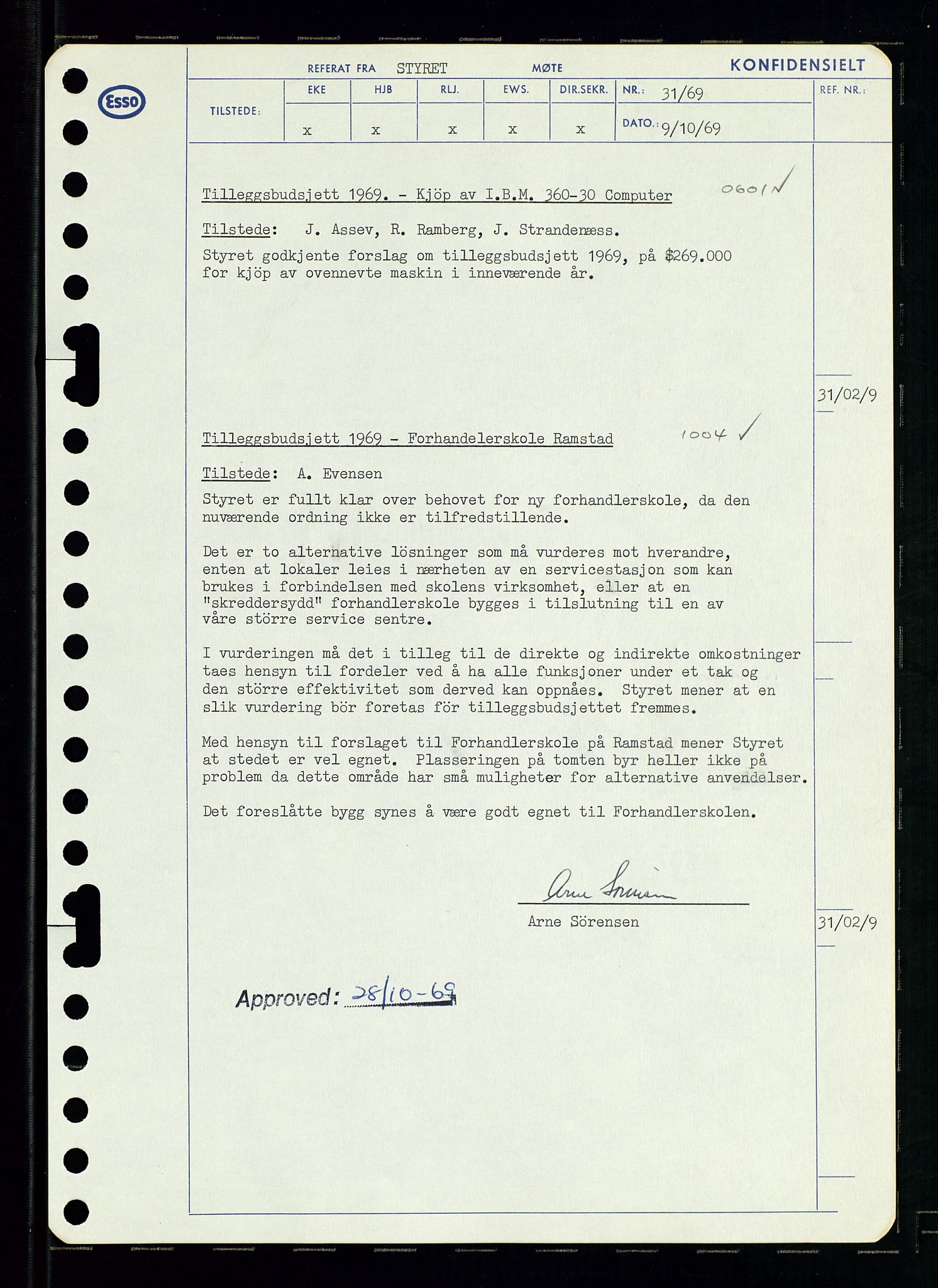 Pa 0982 - Esso Norge A/S, AV/SAST-A-100448/A/Aa/L0003/0001: Den administrerende direksjon Board minutes (styrereferater) og Bedriftforsamlingsprotokoll / Den administrerende direksjon Board minutes (styrereferater), 1969, p. 35