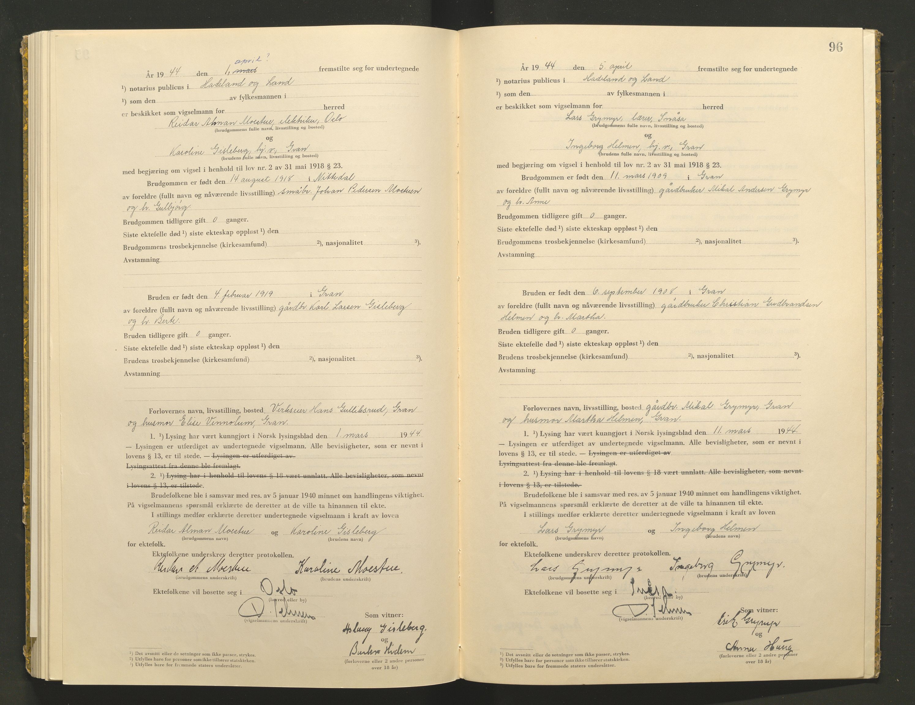 Hadeland og Land tingrett, AV/SAH-TING-010/L/Lb/L0002: Vigselbok, 1943-1944, p. 96