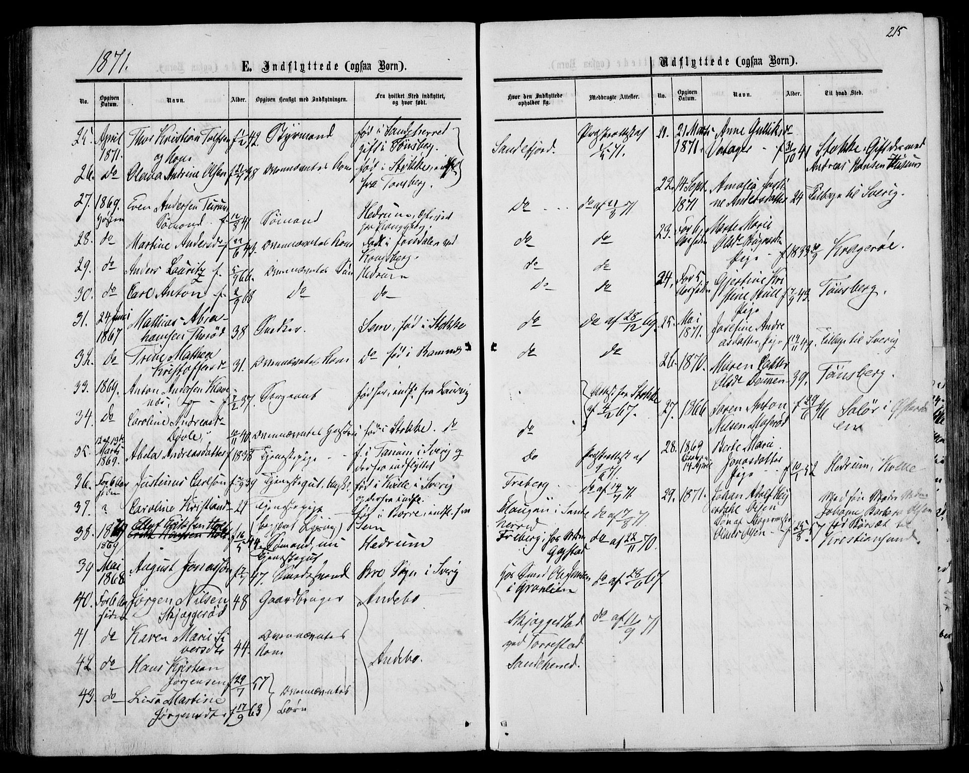 Sandar kirkebøker, AV/SAKO-A-243/F/Fa/L0009: Parish register (official) no. 9, 1862-1871, p. 215