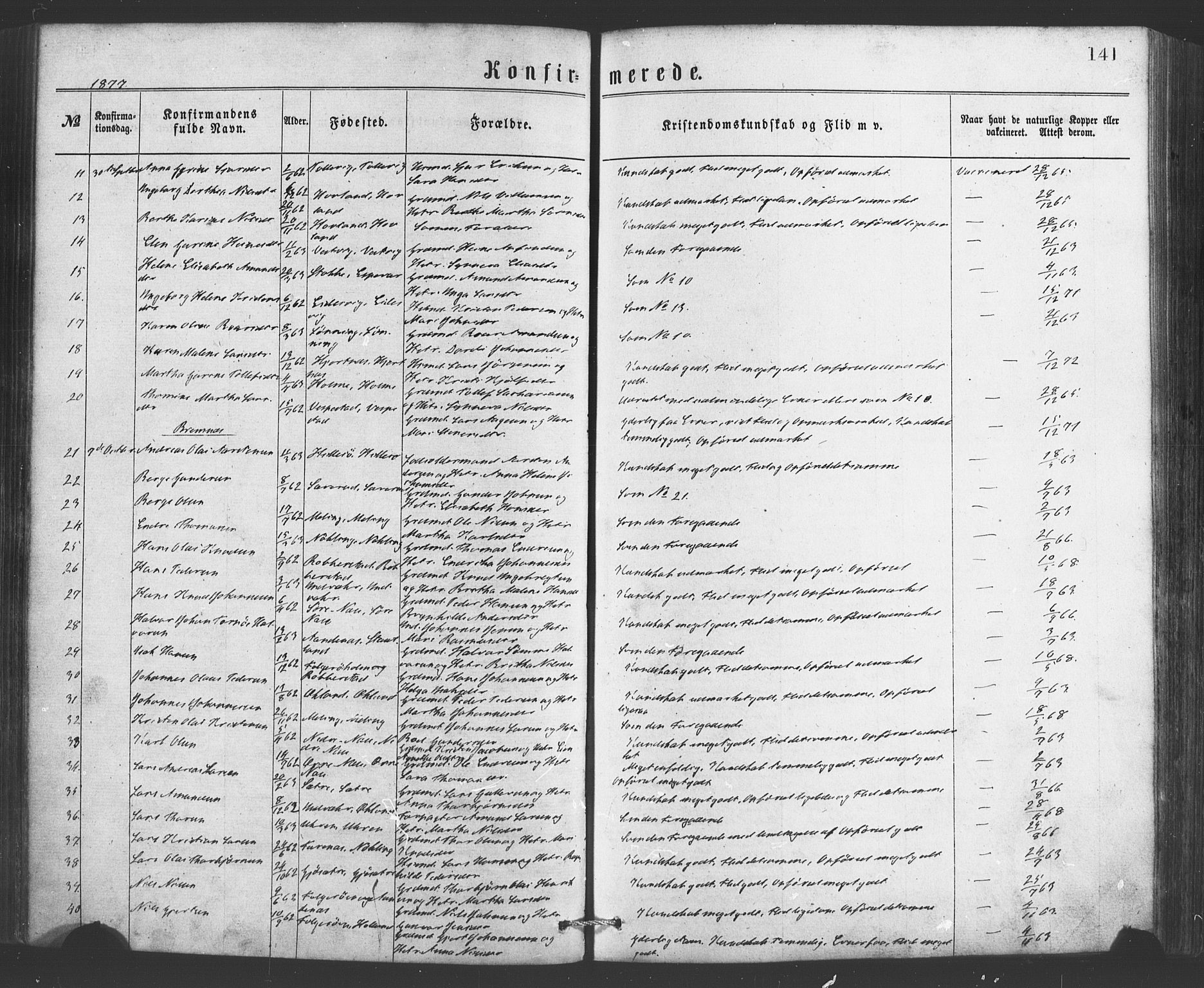 Finnås sokneprestembete, AV/SAB-A-99925/H/Ha/Haa/Haaa/L0009: Parish register (official) no. A 9, 1873-1881, p. 141