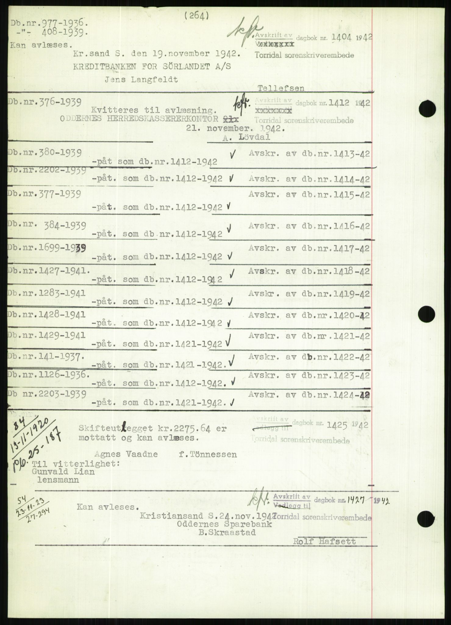 Torridal sorenskriveri, AV/SAK-1221-0012/G/Gb/Gbb/L0009: Mortgage book no. 53b, 1942-1943, Diary no: : 1381/1942