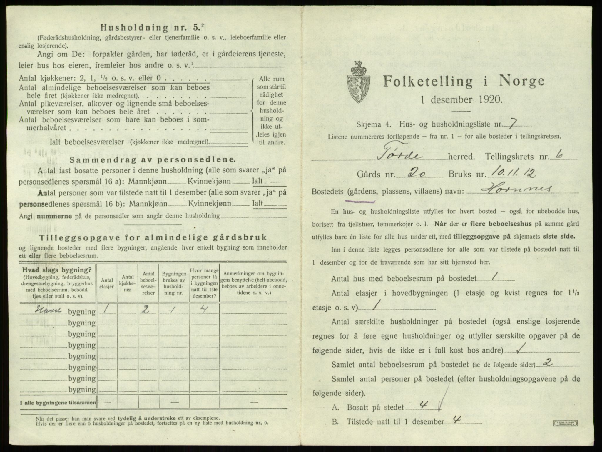 SAB, 1920 census for Førde, 1920, p. 287