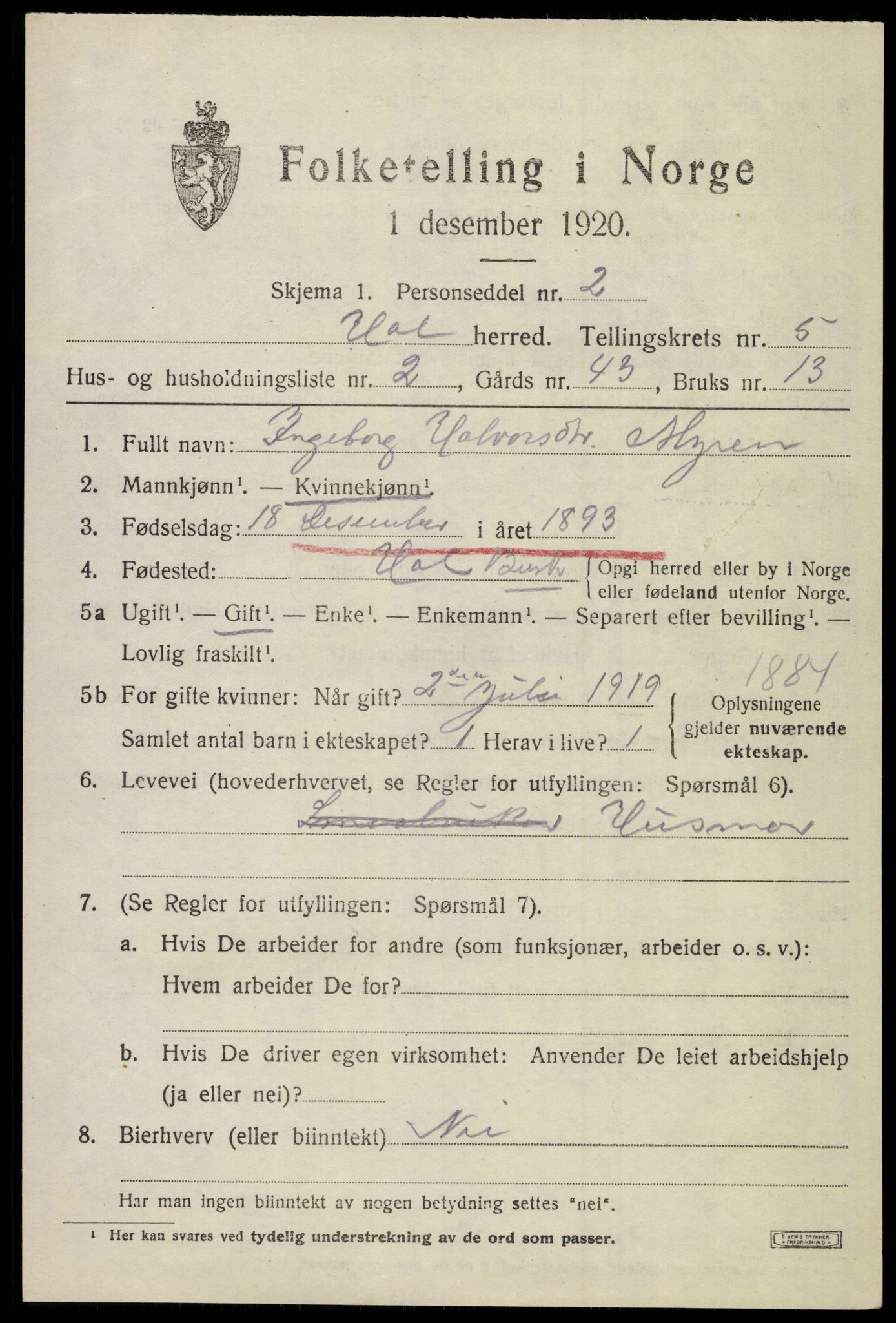 SAKO, 1920 census for Hol (Buskerud), 1920, p. 2795