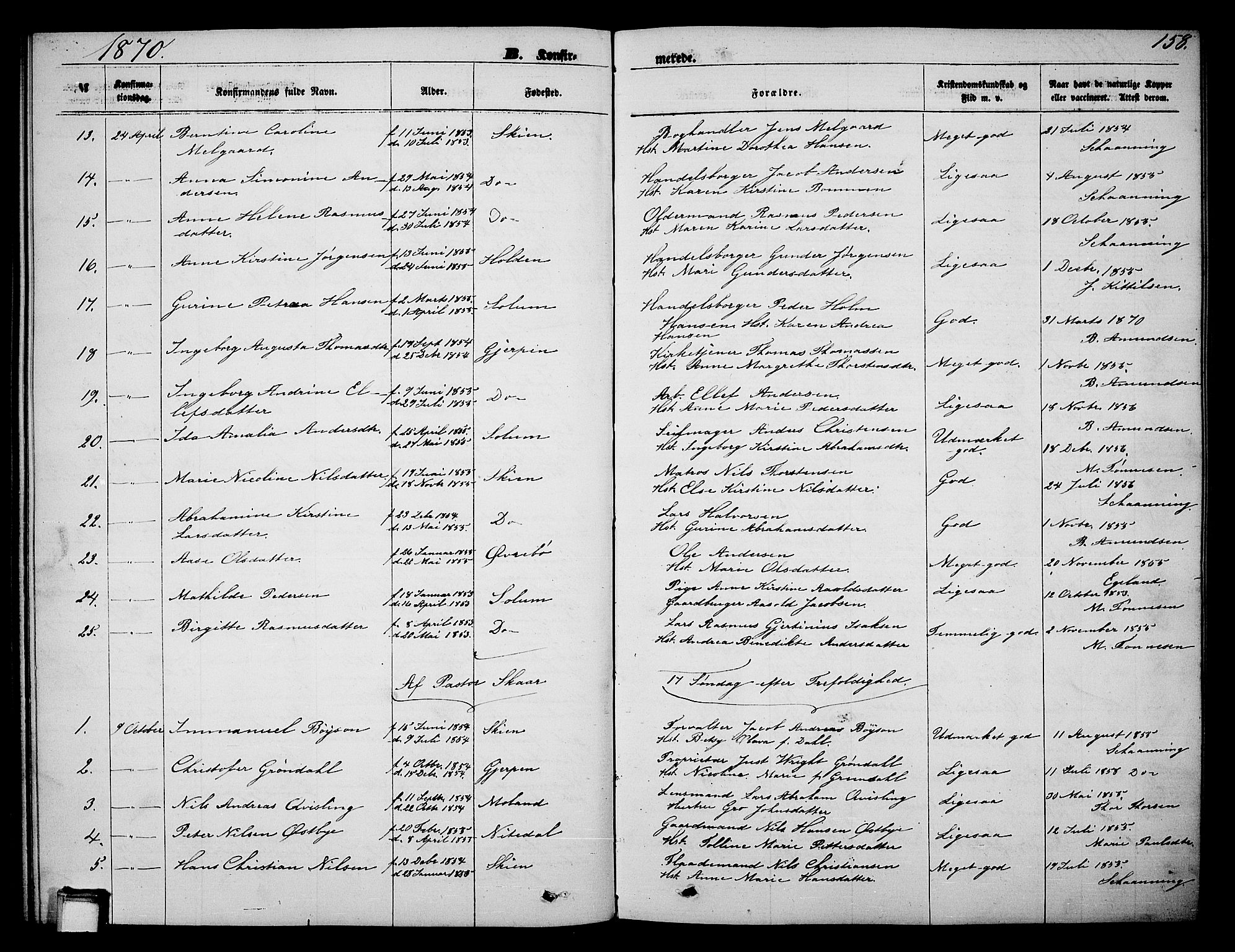 Skien kirkebøker, SAKO/A-302/G/Ga/L0005: Parish register (copy) no. 5, 1868-1880, p. 158