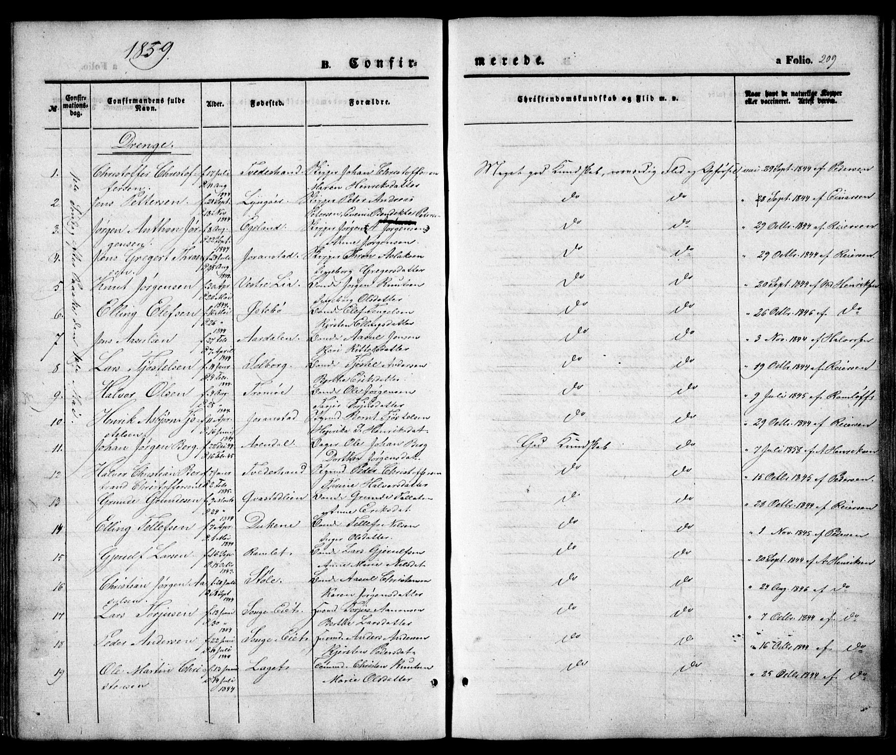 Holt sokneprestkontor, AV/SAK-1111-0021/F/Fa/L0008: Parish register (official) no. A 8, 1849-1860, p. 210