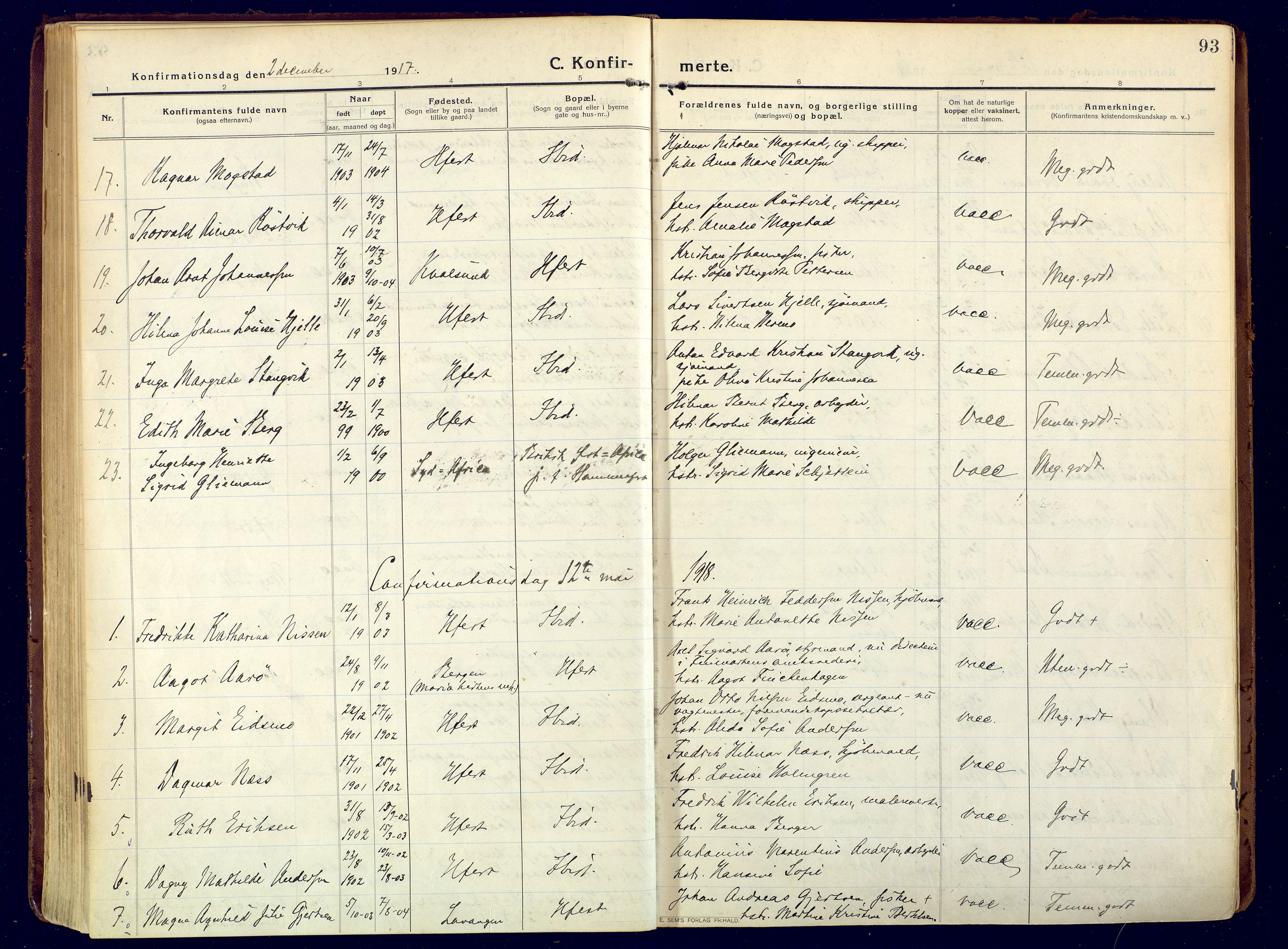 Hammerfest sokneprestkontor, SATØ/S-1347/H/Ha/L0015.kirke: Parish register (official) no. 15, 1916-1923, p. 93