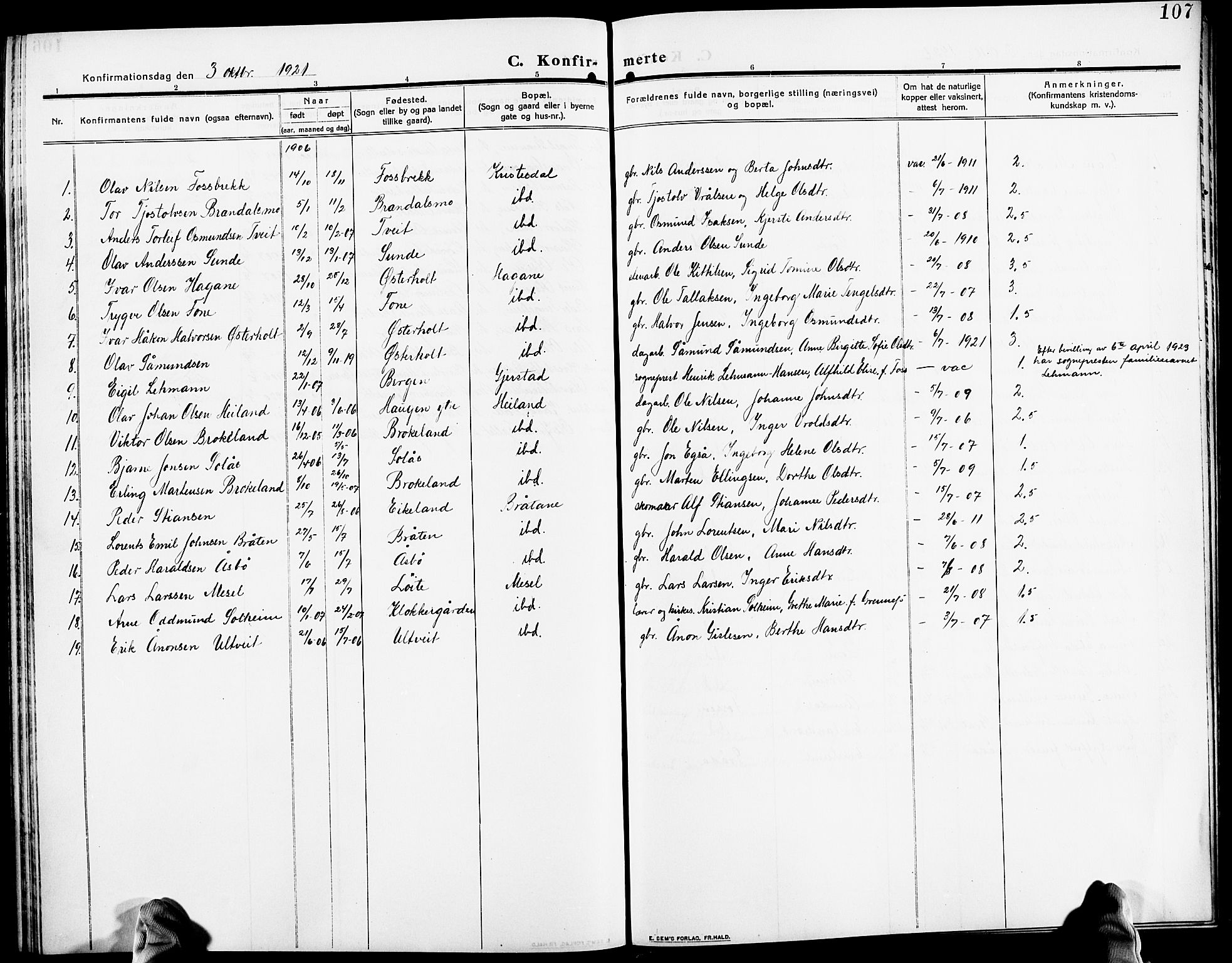 Gjerstad sokneprestkontor, SAK/1111-0014/F/Fb/Fba/L0008: Parish register (copy) no. B 8, 1909-1925, p. 107