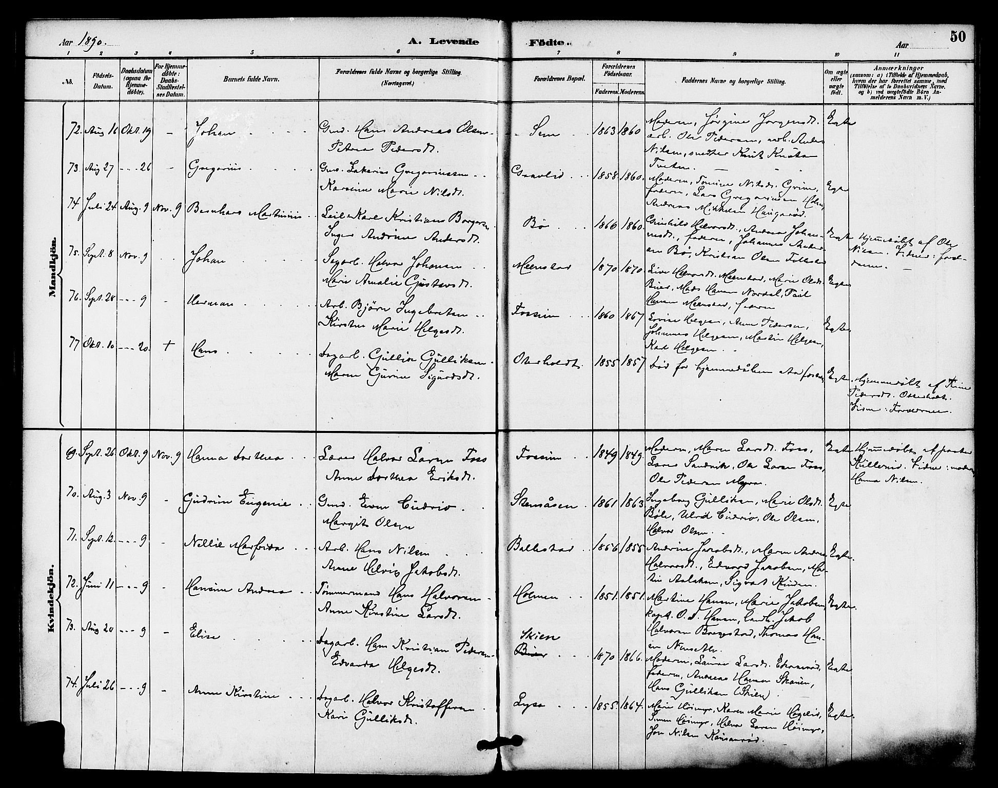 Gjerpen kirkebøker, AV/SAKO-A-265/F/Fa/L0010: Parish register (official) no. I 10, 1886-1895, p. 50