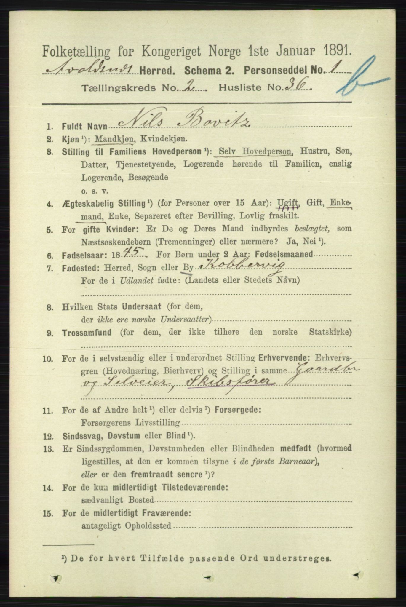 RA, 1891 census for 1147 Avaldsnes, 1891, p. 2178