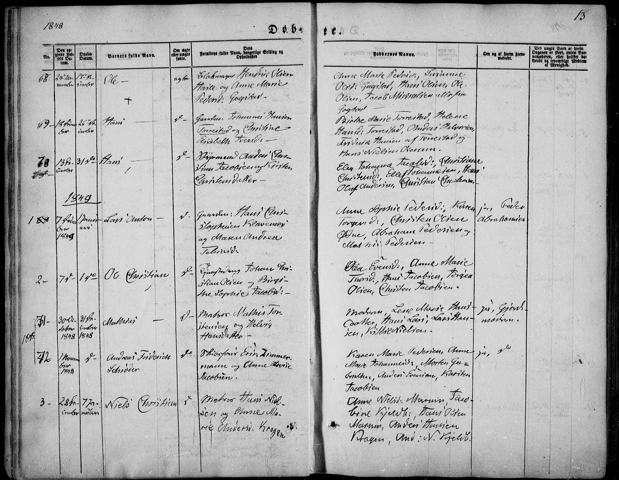 Sandar kirkebøker, SAKO/A-243/F/Fa/L0006: Parish register (official) no. 6, 1847-1860, p. 13