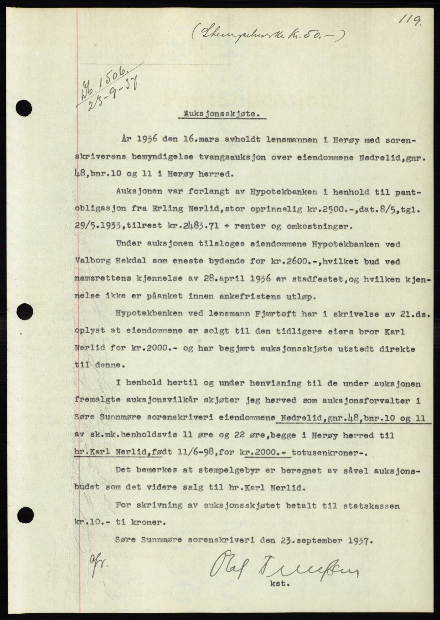 Søre Sunnmøre sorenskriveri, AV/SAT-A-4122/1/2/2C/L0064: Mortgage book no. 58, 1937-1938, Diary no: : 1506/1937