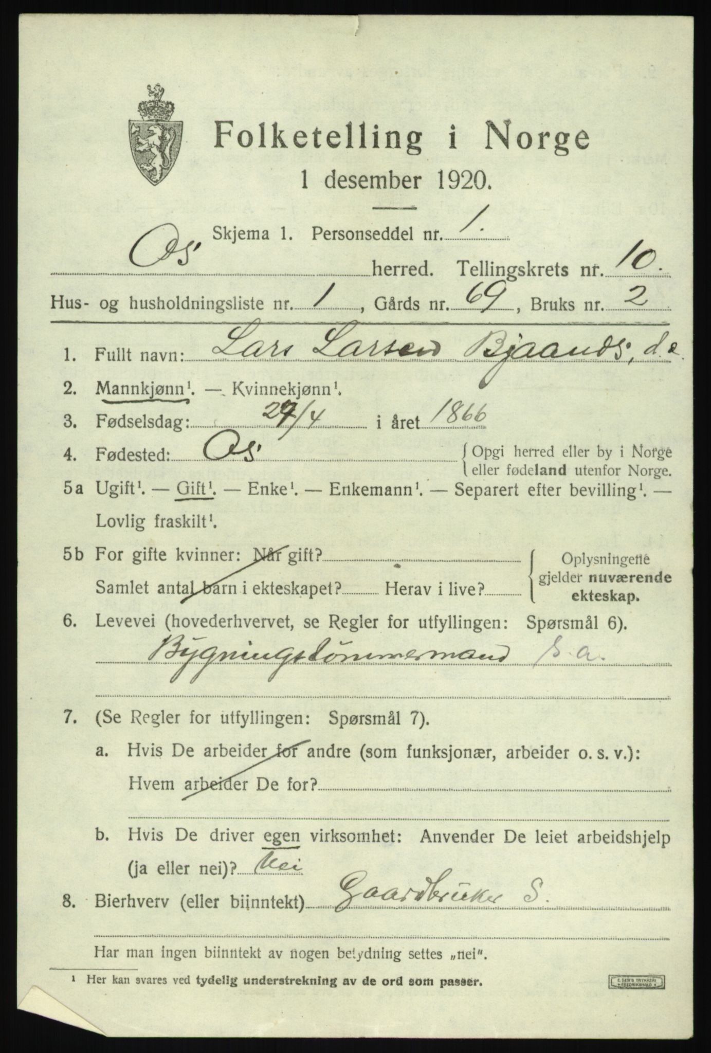 SAB, 1920 census for Os, 1920, p. 8216