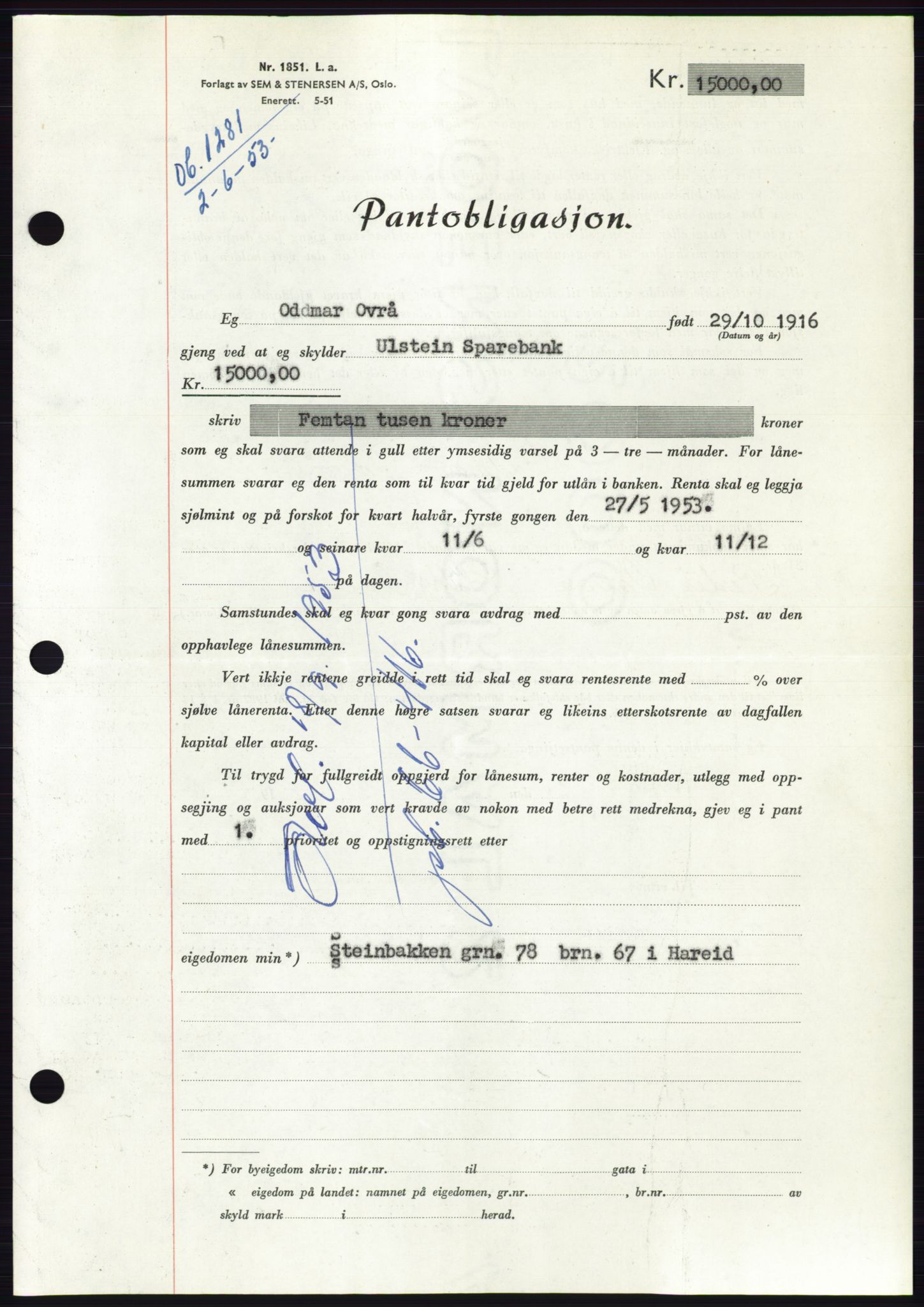 Søre Sunnmøre sorenskriveri, AV/SAT-A-4122/1/2/2C/L0123: Mortgage book no. 11B, 1953-1953, Diary no: : 1281/1953