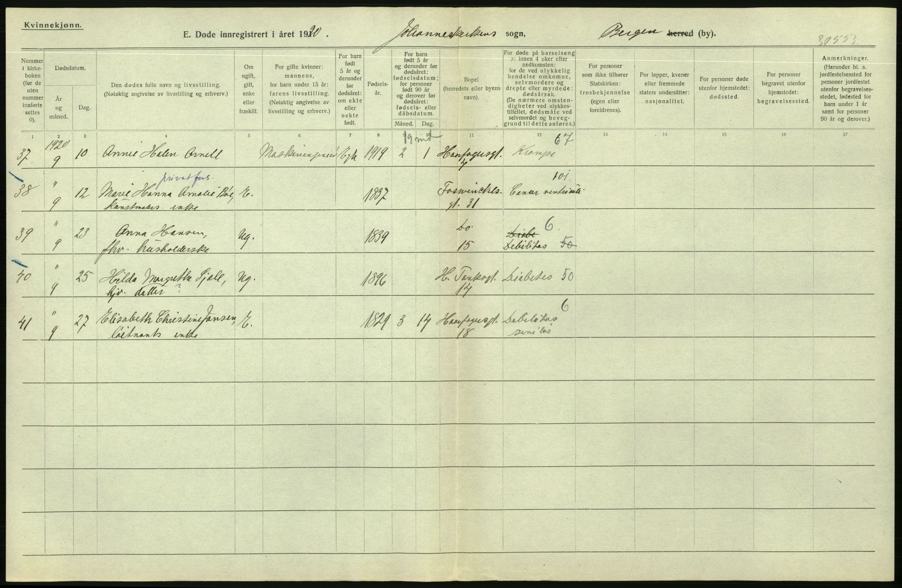 Statistisk sentralbyrå, Sosiodemografiske emner, Befolkning, AV/RA-S-2228/D/Df/Dfb/Dfbj/L0042: Bergen: Gifte, døde, dødfødte., 1920, p. 598