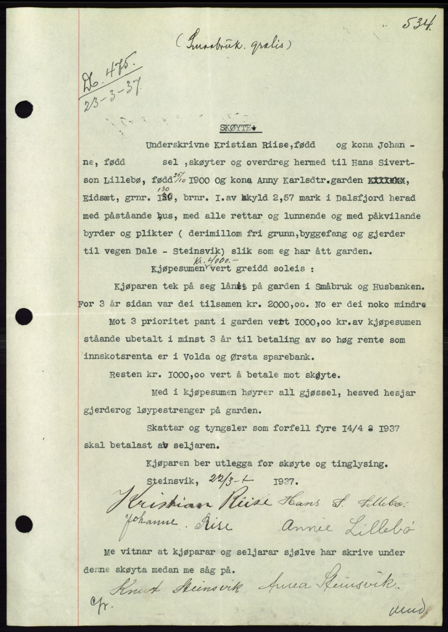 Søre Sunnmøre sorenskriveri, AV/SAT-A-4122/1/2/2C/L0062: Mortgage book no. 56, 1936-1937, Diary no: : 475/1937