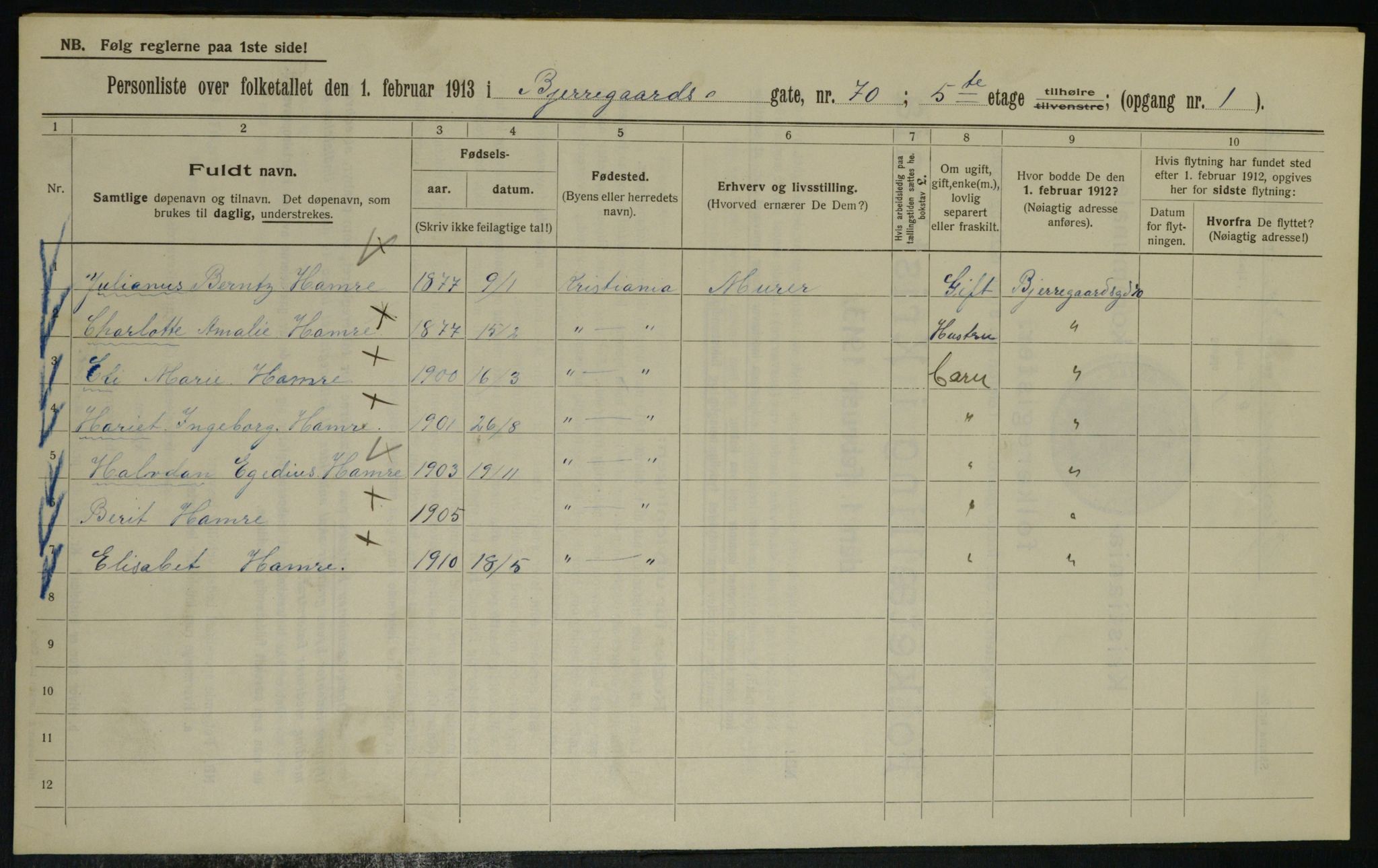 OBA, Municipal Census 1913 for Kristiania, 1913, p. 6296