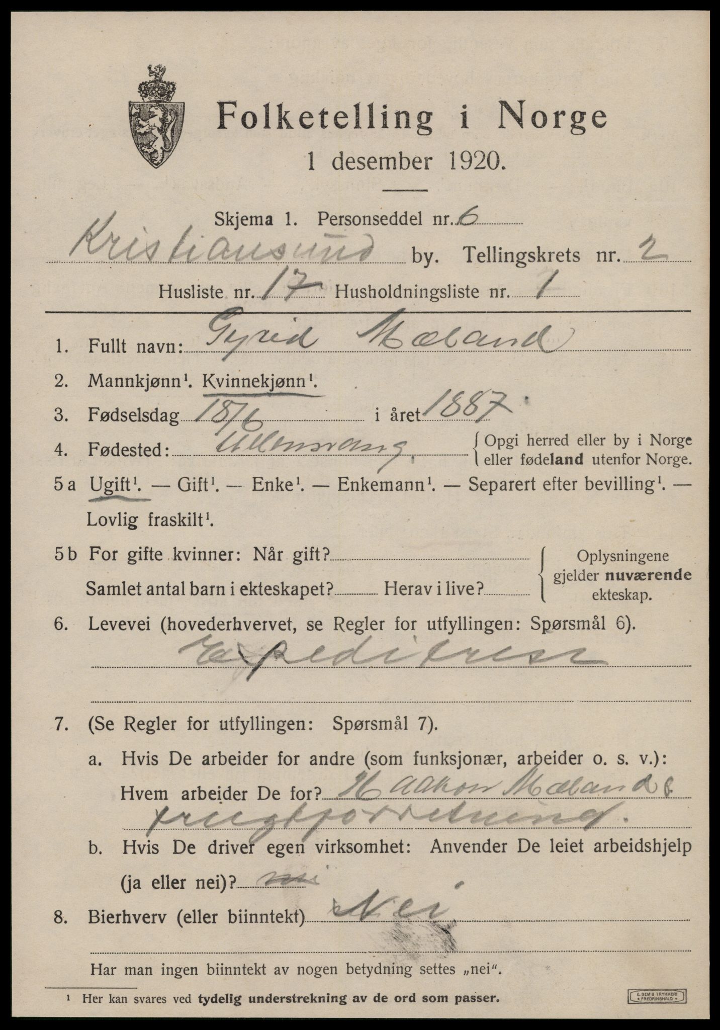 SAT, 1920 census for Kristiansund, 1920, p. 12063