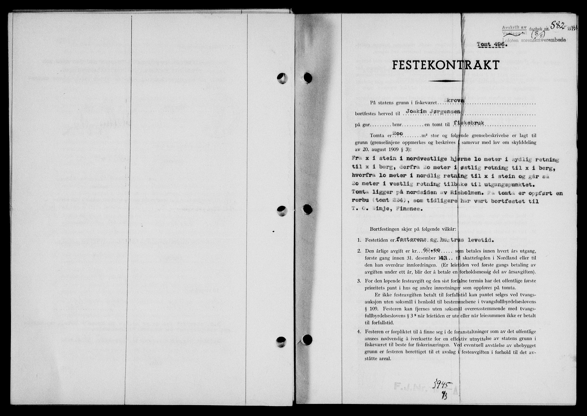 Lofoten sorenskriveri, SAT/A-0017/1/2/2C/L0011a: Mortgage book no. 11a, 1943-1943, Diary no: : 582/1943